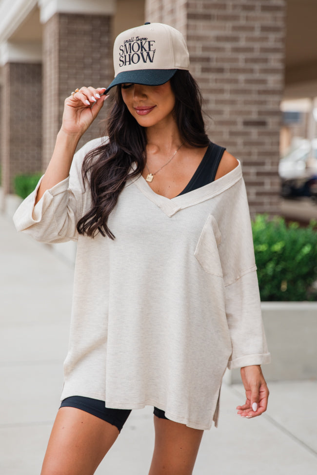 It's Our Time Oatmeal Oversized Pocketed Waffle Tee - Soft & Comfortable Women's T-Shirt - Casual Loungewear for Everyday Wear