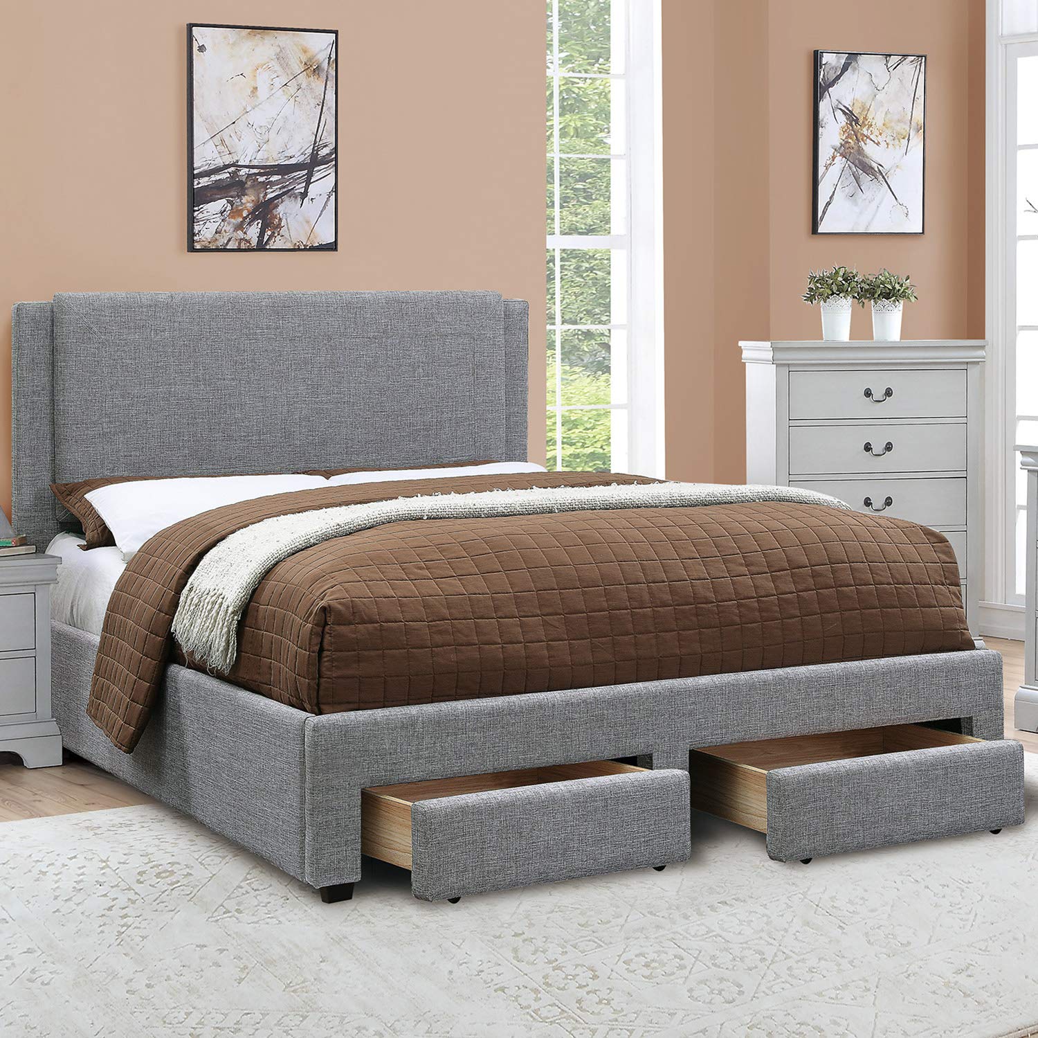 Grey Ash Fabric Upholstered Full Size Storage Bed Frame with Headboard - Modern Platform Bed with Underbed Drawers for Bedroom Organization (Queen Size) | Perfect for Small Spaces, Guest Rooms & Master Bedrooms
