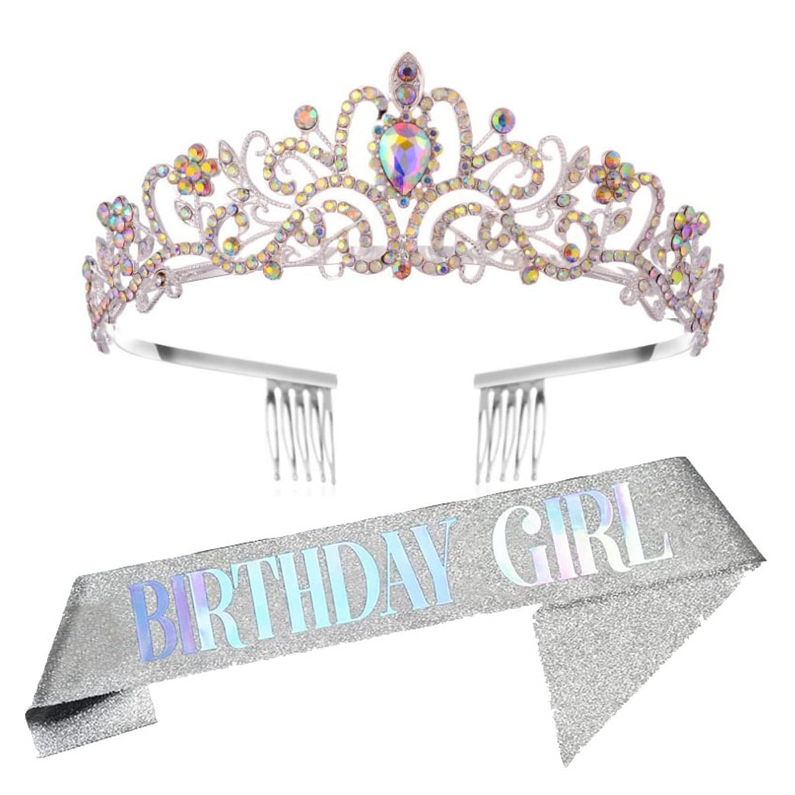 Silver Crystal Rhinestone Bridal Crown Tiara Set - Elegant Birthday Party Hair Accessories for Girls, Queen Party Headdress with Ribbon Strap - Perfect for Weddings, Prom, Pageants & Special Occasions (Metal Color: 34)