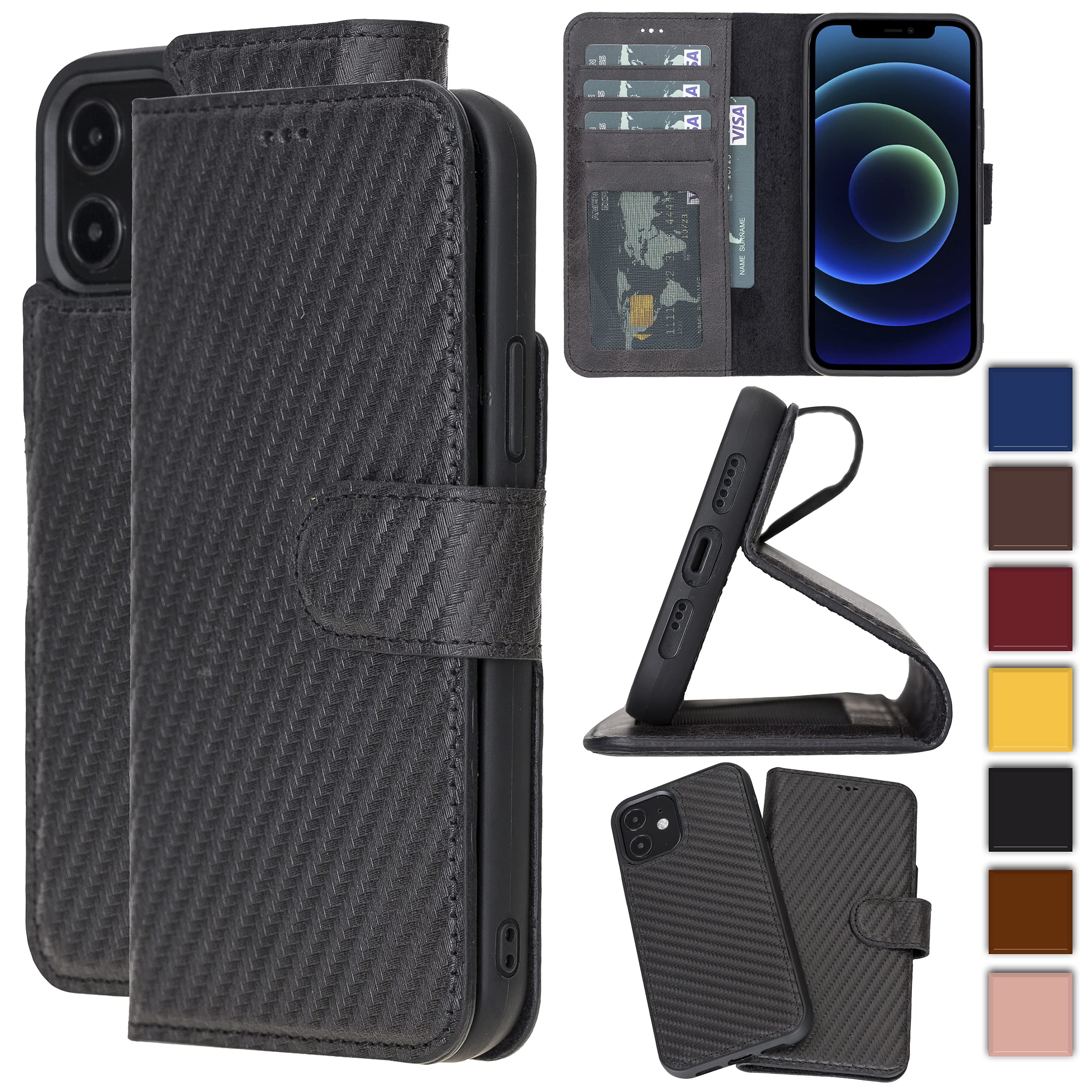 Bayelon Premium Full Grain Leather Wallet Case for iPhone 12/12 Pro - 2-in-1 Detachable Magnetic Flip Cover with Card Slots & Kickstand | MagSafe Compatible (Carbon Black) | Perfect for Business Travel & Everyday Use