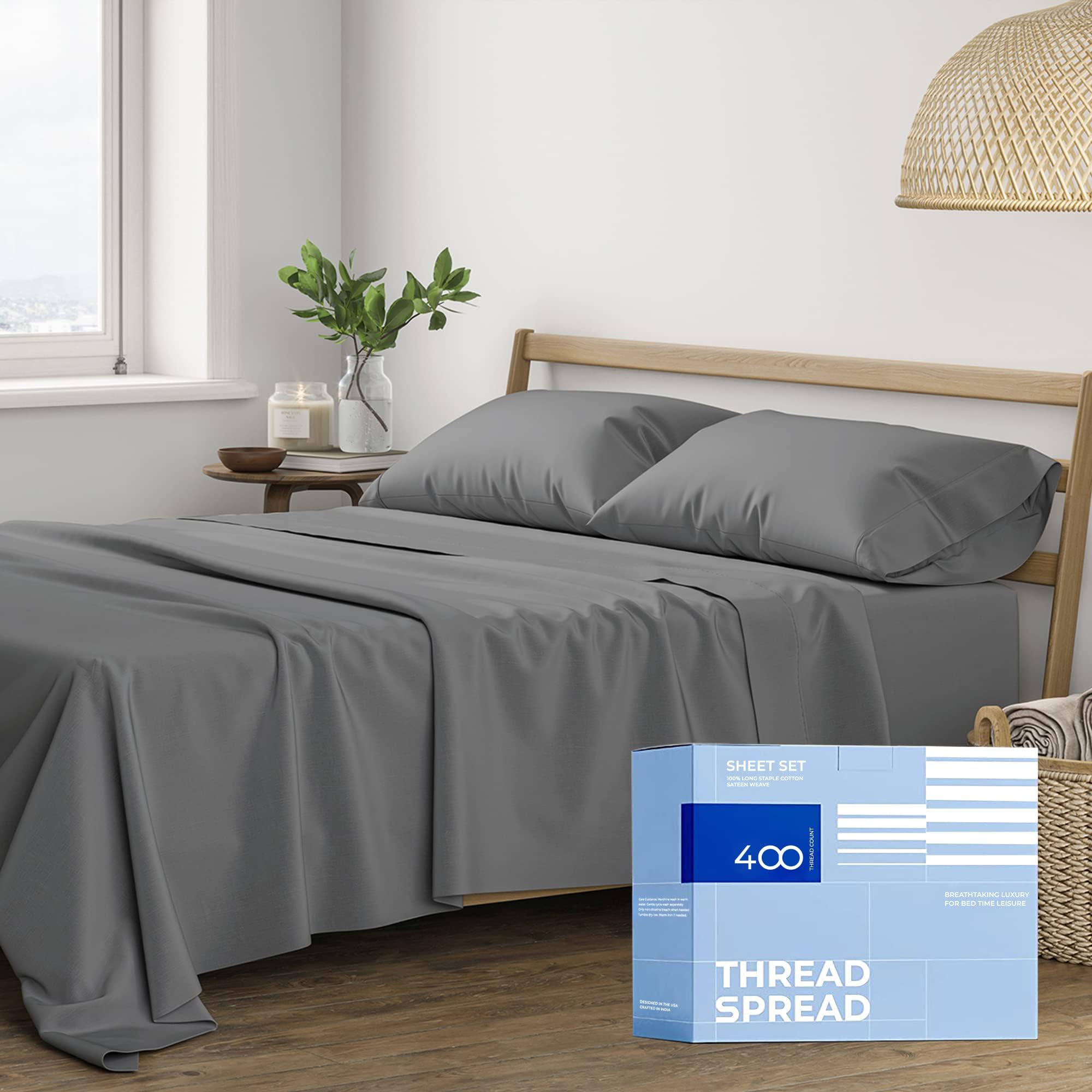 100% Cotton King Size Sheets Set - 400 Thread Count 4-Piece Bedding for King Bed | Deep Pocket Cooling Sheets for Hot Sleepers | Soft Breathable Luxury Bed Sheets (Dark Grey) | Perfect for Summer Nights & Temperature Regulation