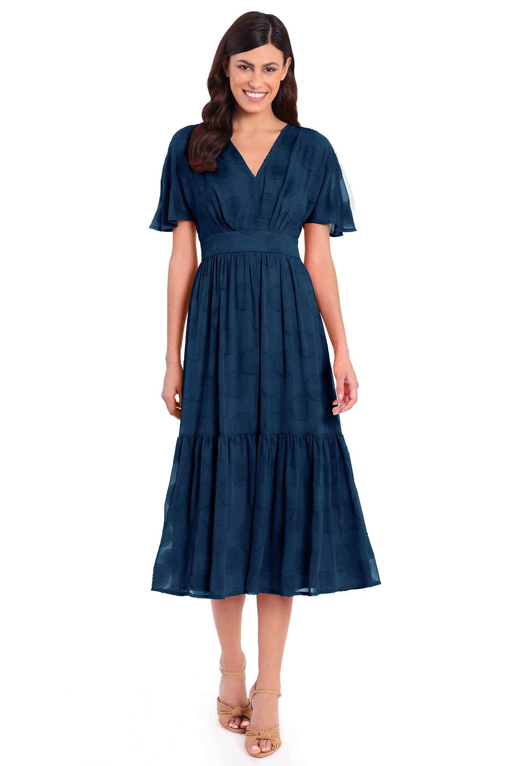 Maggy London Women's Plus Size Flutter Sleeve V-Neck Midi Dress with Tiered Skirt - Elegant Flowy Formal & Wedding Guest Dress for Curvy Women