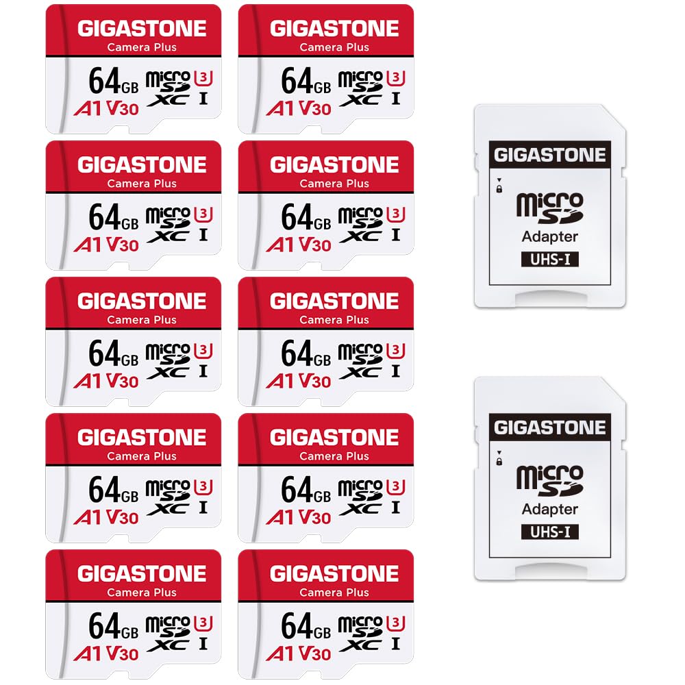 GIGASTONE 64GB 10-Pack Micro SDXC Memory Card UHS-I U3 A1 V30, 95MB/s - High Speed for Wyze Cam, Security Cameras, Smartphones, Fire Tablets - 4K Video Recording with Adapter - Perfect for Home Surveillance, Dash Cams & Action Cameras