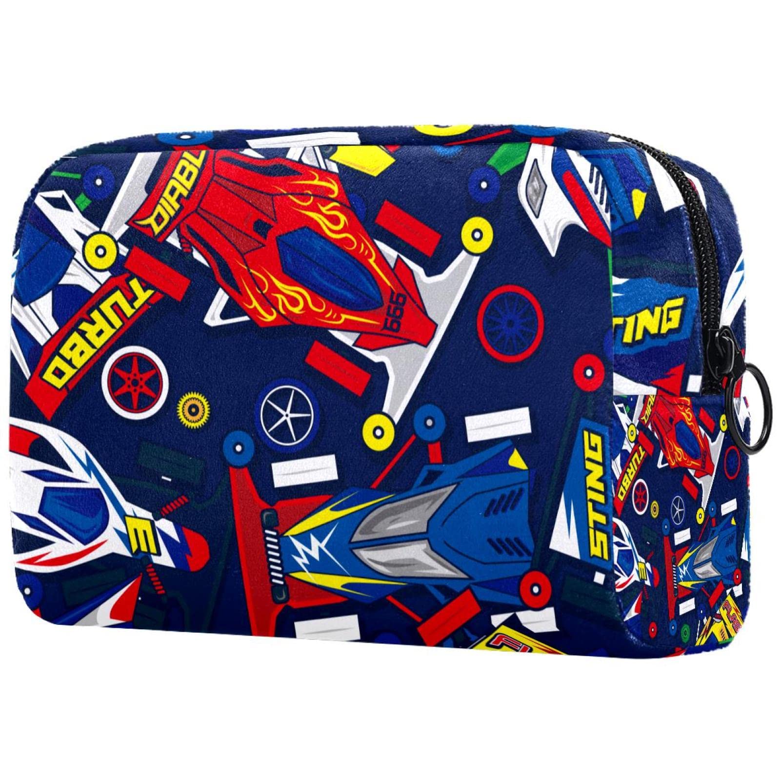 Cotton Makeup Bag for Women - Travel Cosmetic Organizer with Brush Storage - Cute Cartoon Race Car Design - Perfect for Travel, Gym & Daily Makeup Organization
