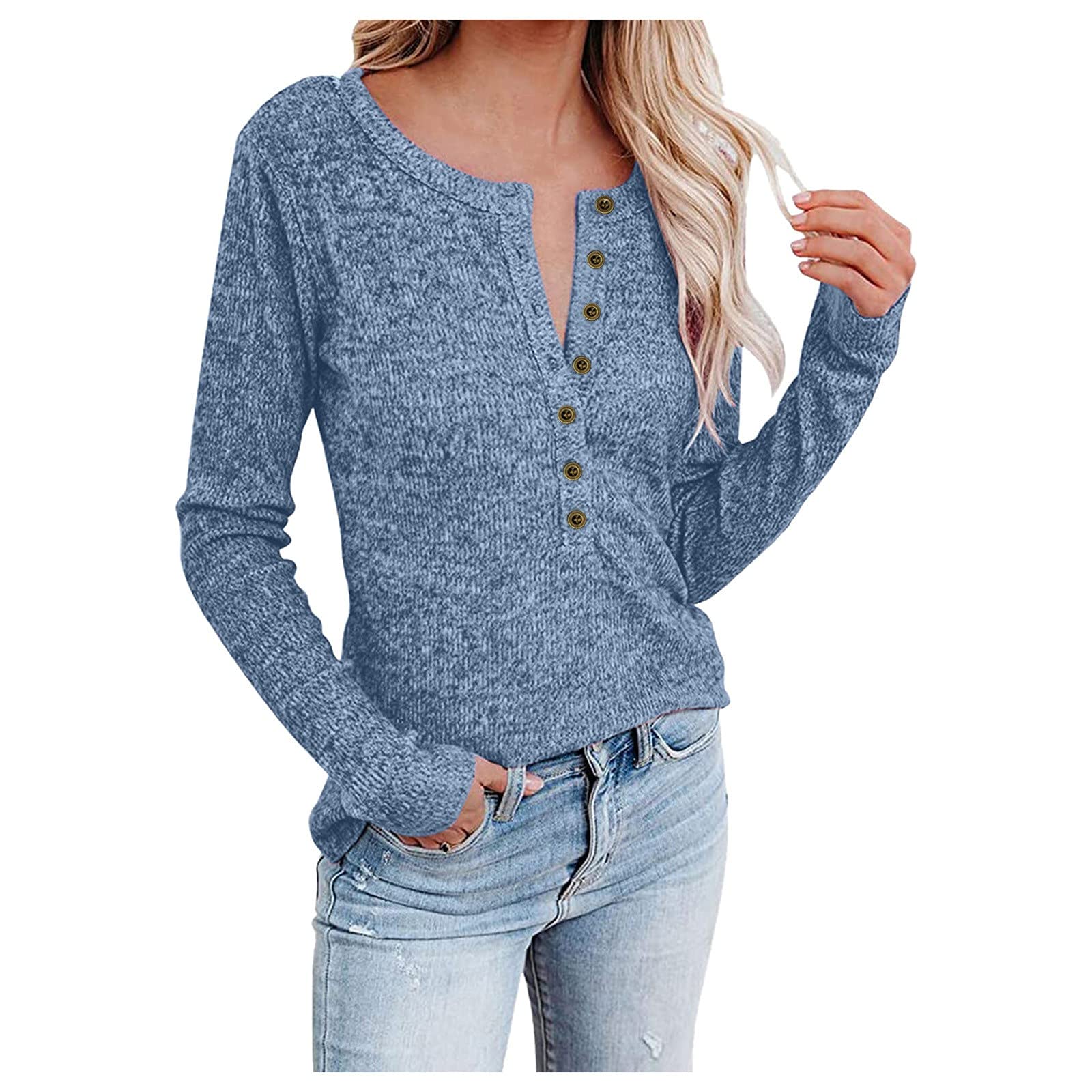 FMCHICO Women's Long Sleeve V-Neck Button Up Blouse - Slim Fit Ribbed Knit Top with Lace Sleeves - Casual Tunic Shirt for Office, Date Night & Everyday Wear