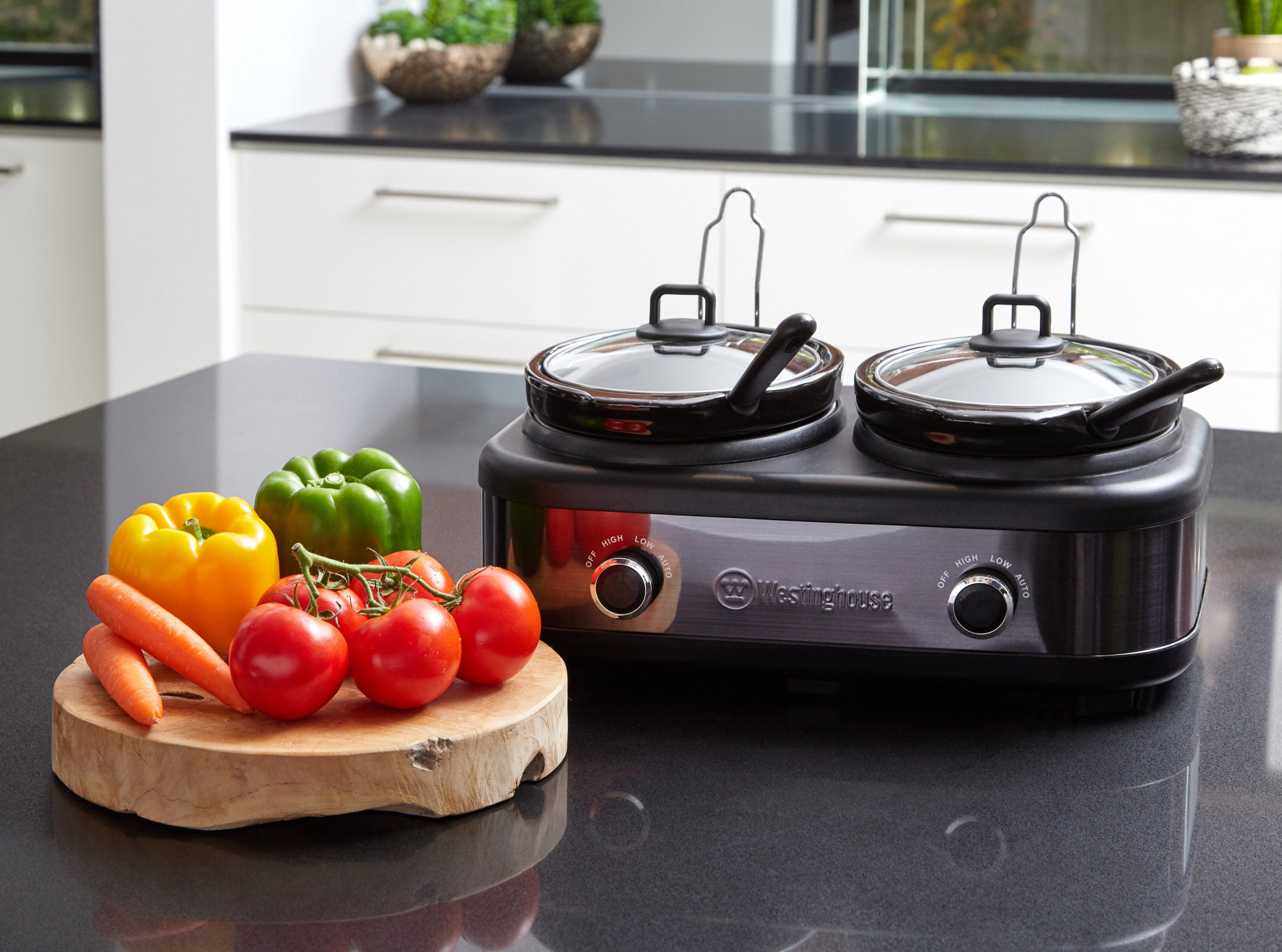 2-Pot Slow Cooker - Black Stainless Steel Electric Multi-Cooker for Soups, Stews & Meal Prep - Perfect for Family Dinners & Party Buffets