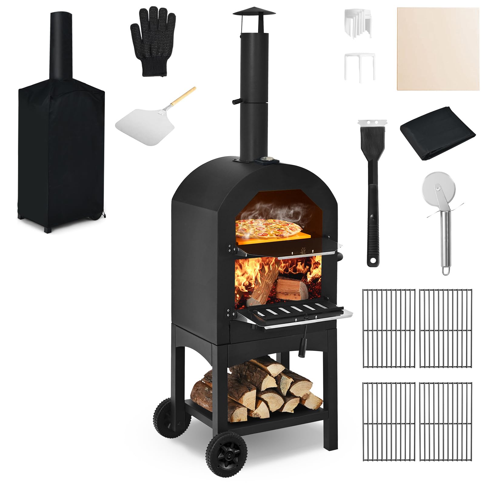 COSTWAY 70813-CYOP Wood Fired Outdoor Pizza Oven with Peel, Stone & Waterproof Cover - Portable Backyard, Patio, Camping Grill for Authentic Italian Pizza & BBQ Cooking