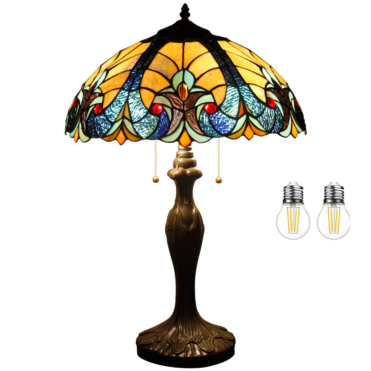WERFACTORY Tiffany Style Yellow Stained Glass Table Lamp - 16x16x24 Inches Bedside & Desk Light with Metal Base for Bedroom, Living Room, Home Office (S160E Series) | Perfect for Reading, Decor & Ambient Lighting