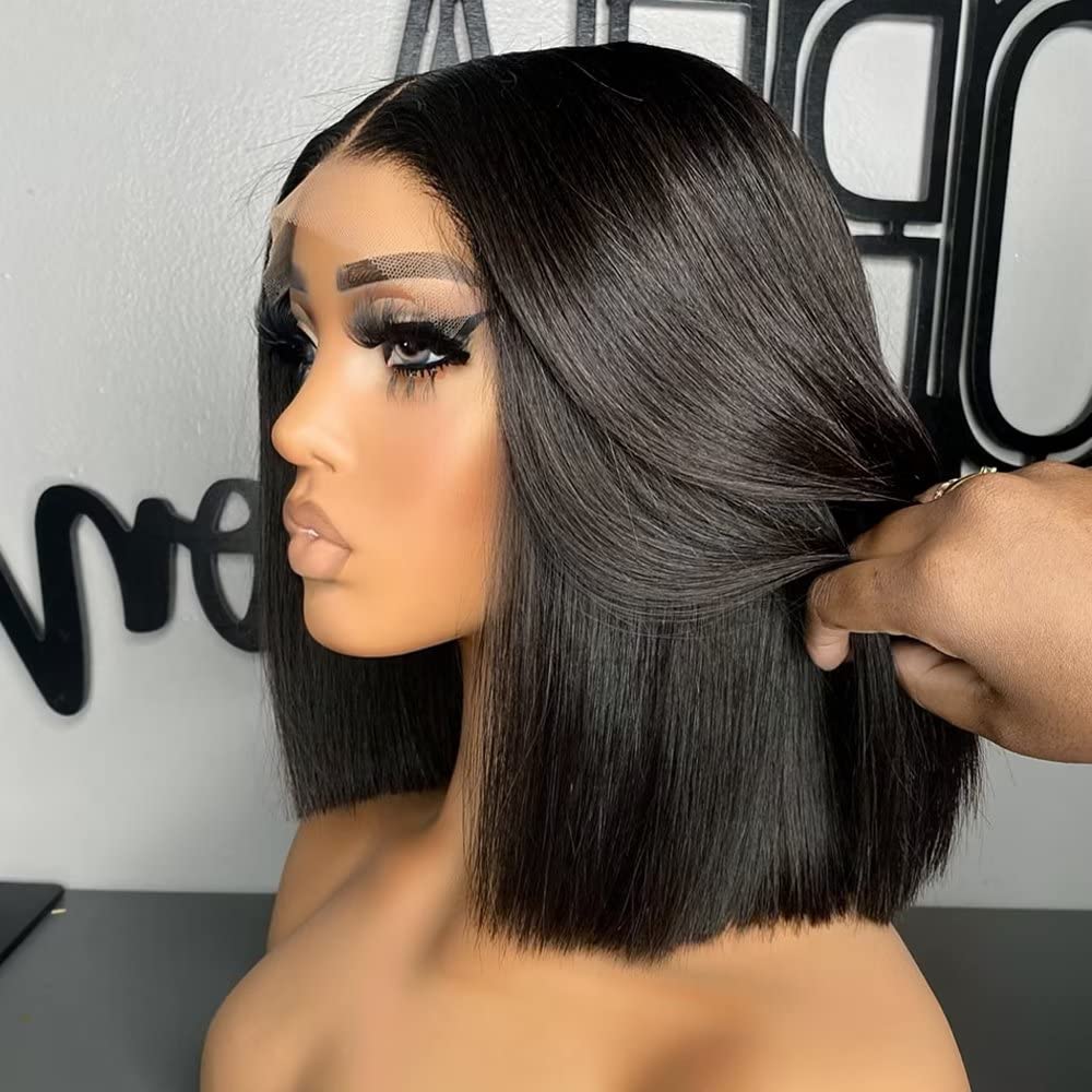 13x6 HD Transparent Lace Front Human Hair Wig - Brazilian Remy Straight Bob Wig with Pre-Plucked Hairline & Bleached Knots | Glueless Short Bob Wig with Baby Hair (12 Inch, 150% Density) for Women | Perfect for Daily Wear, Cosplay & Special Occasions