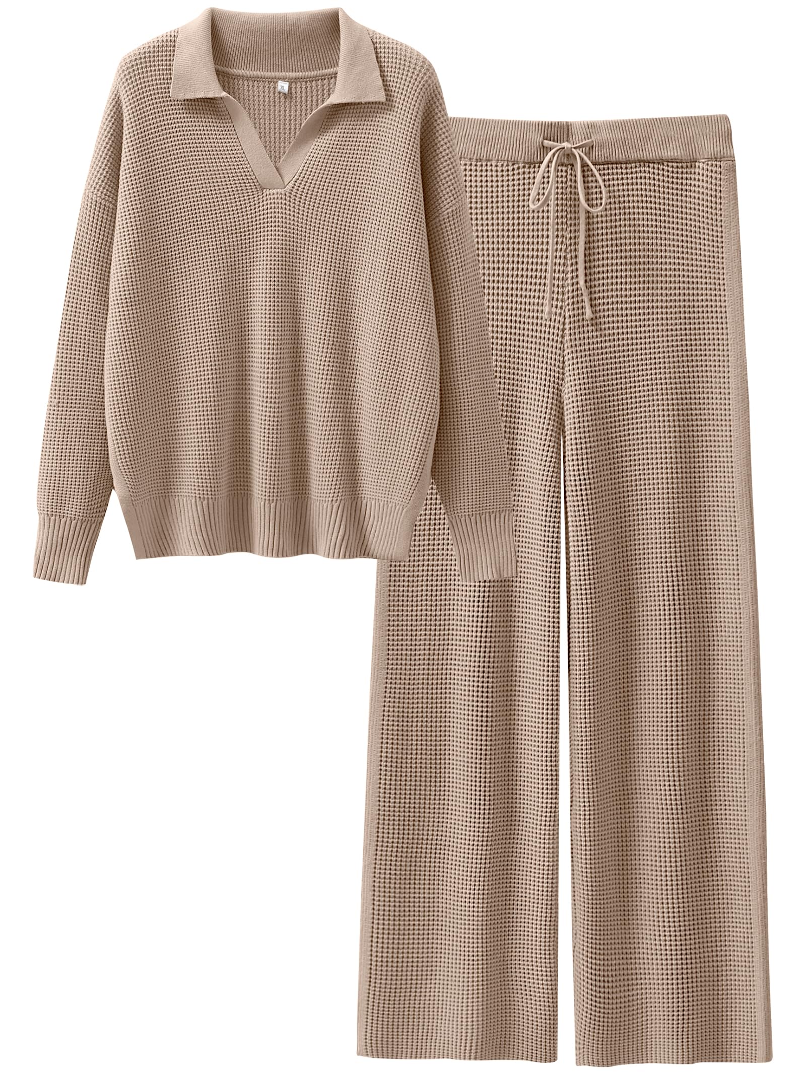 ANRABESS Women's Two Piece Outfits - Waffle Knit Sweater & Wide Leg Pants Lounge Set | Soft Matching Tracksuit for Casual Wear, Loungewear & Home Comfort