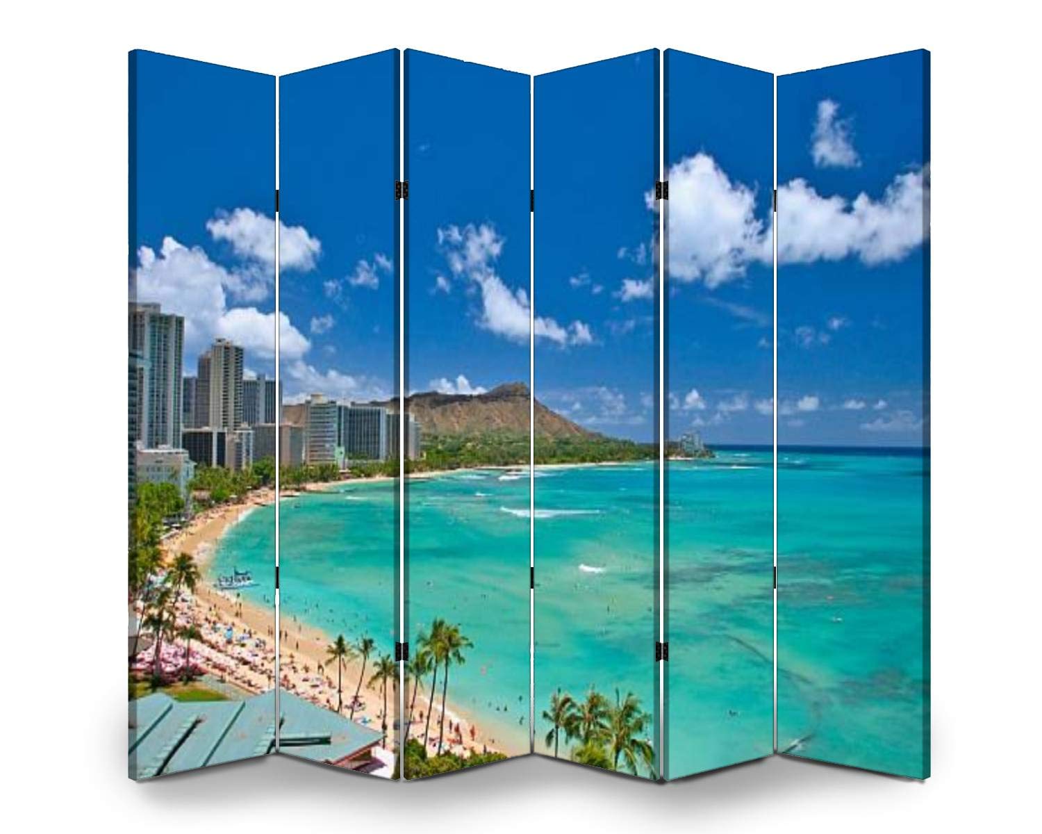 6-Panel Wooden Room Divider with Waikiki Beach & Diamond Head Print - Foldable Privacy Screen, Dual-Sided Canvas Partition for Home & Office - Perfect for Bedroom Separation, Studio Dividers, and Decorative Wall Panels