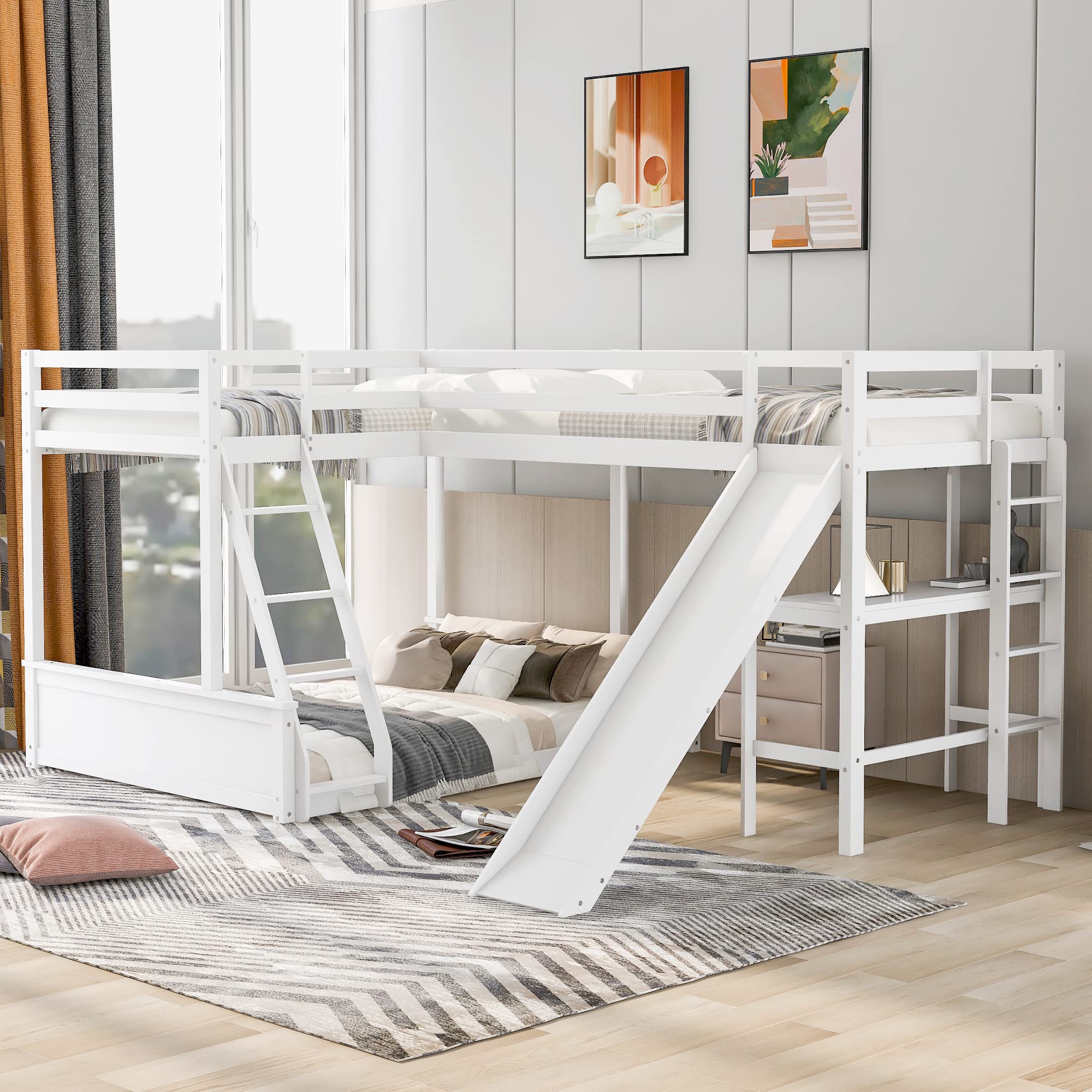 Merax White L-Shaped Twin Over Full Bunk Bed with Built-in Desk & Slide - Wooden Loft Bed Frame with Full-Length Guardrail - Space-Saving Kids Bedroom Furniture for Small Rooms & Shared Spaces