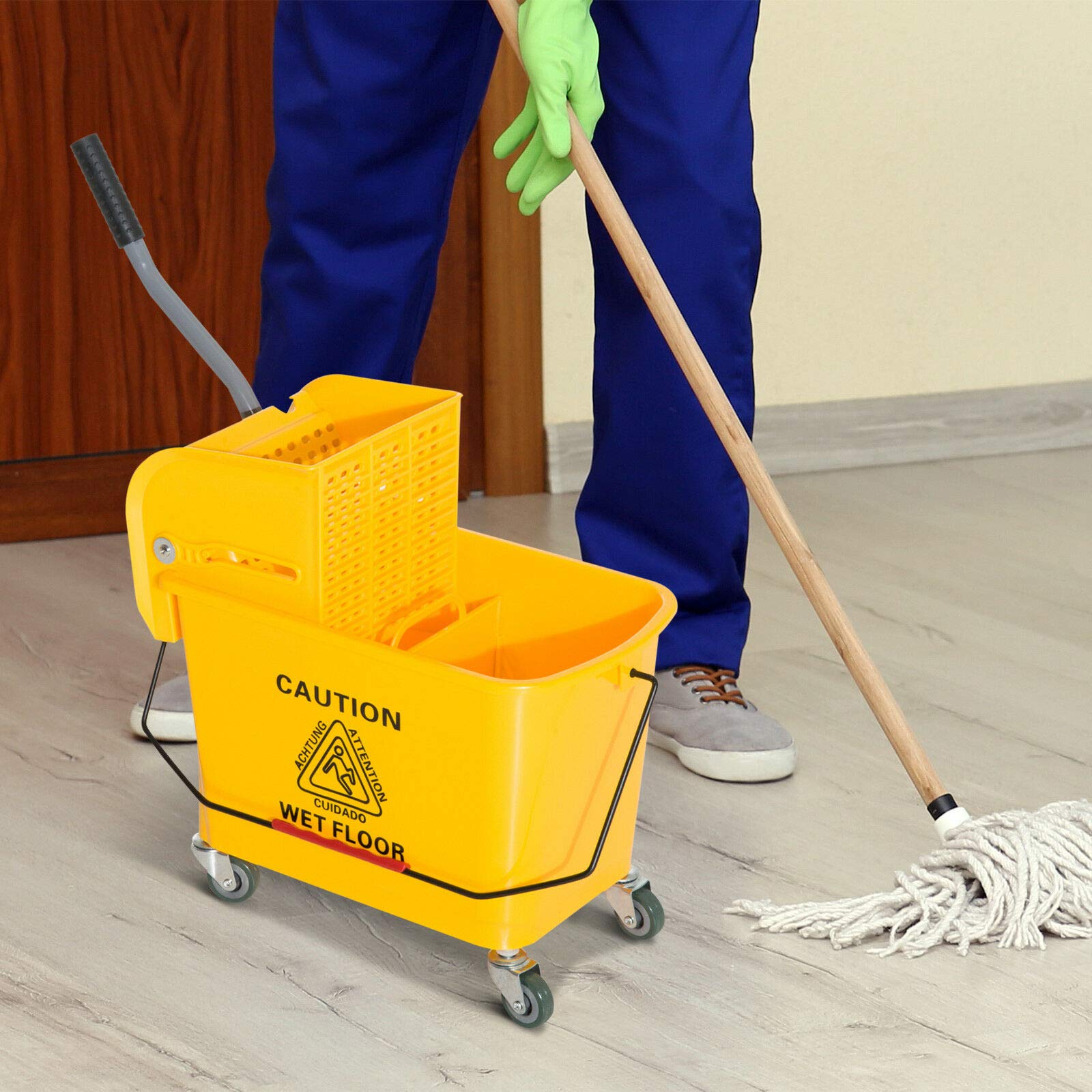 5 Gallon Rolling Mop Bucket with Wringer - 20 Quart Yellow Cleaning Cart with Wheels - Heavy Duty Mop and Bucket Set for Home, Office, Janitorial & Commercial Use