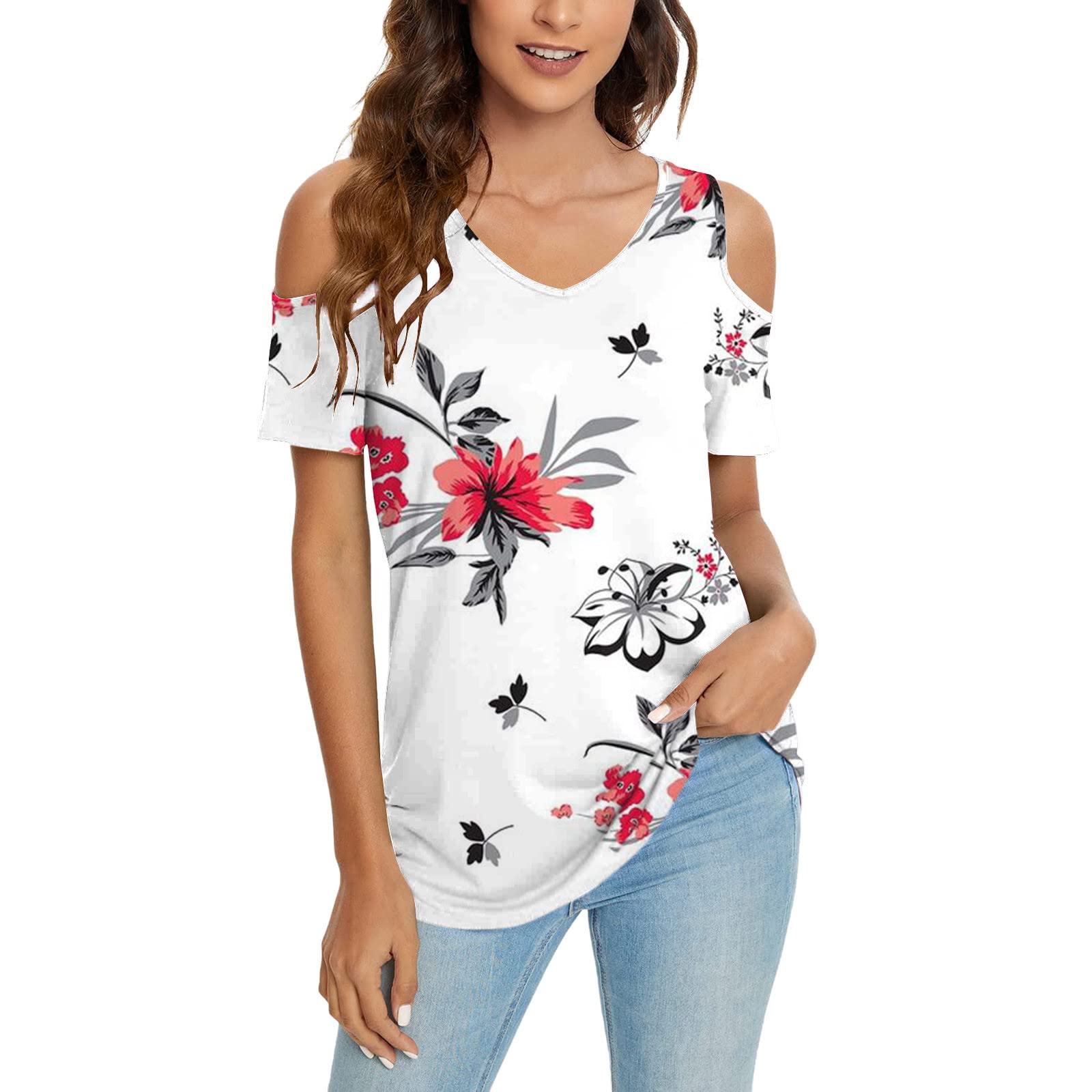 Women's Casual Summer Off Shoulder Blouse - Floral Print Short Sleeve Tunic Top for Beach, Vacation & Everyday Wear (White, XXL)