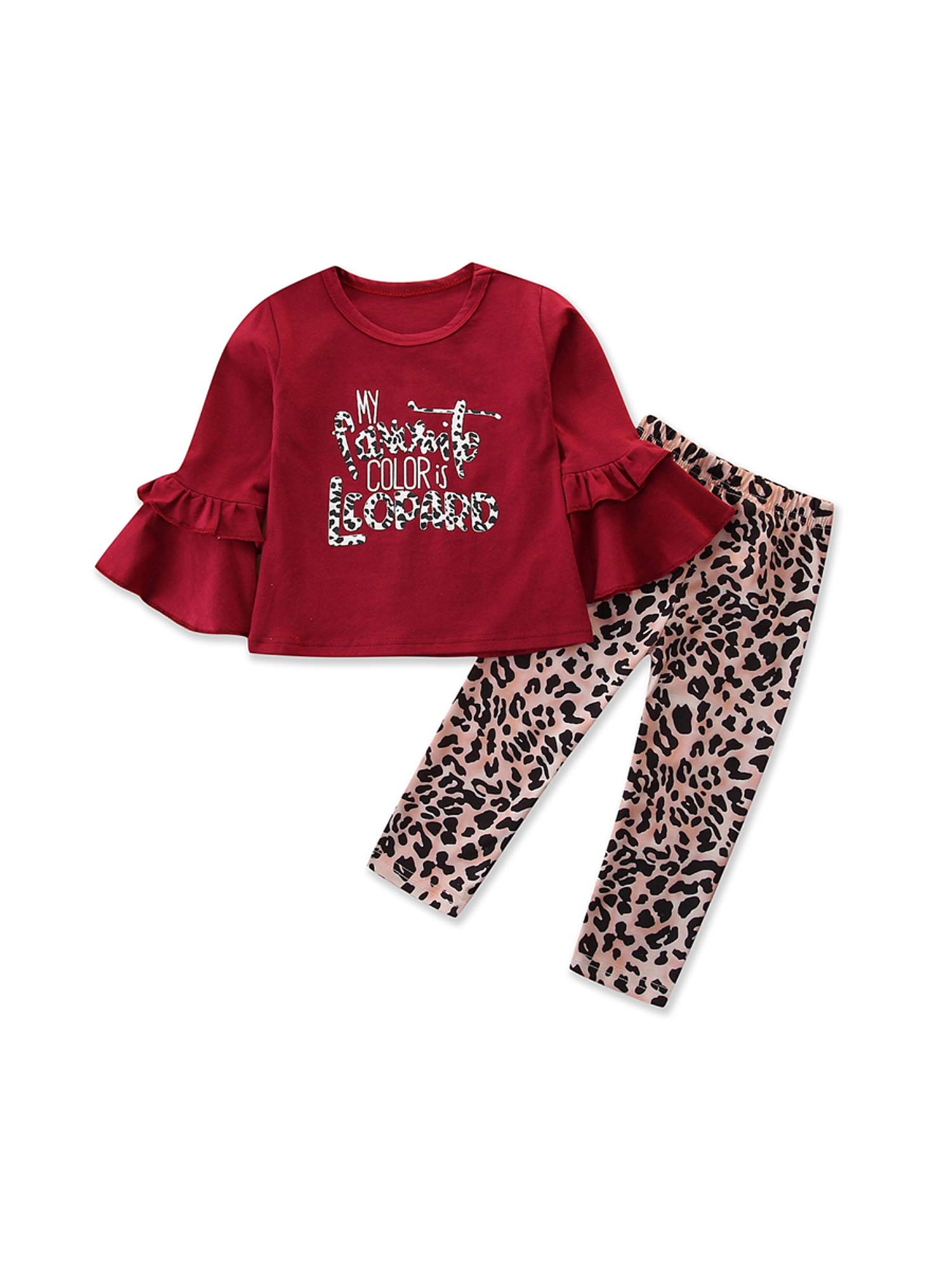 Baby Girls Fall Outfits - Flare Sleeve Letter Print Top & Leopard Print Pants 2-Piece Set | Cute Toddler Clothes for Autumn Playdates & Family Photos
