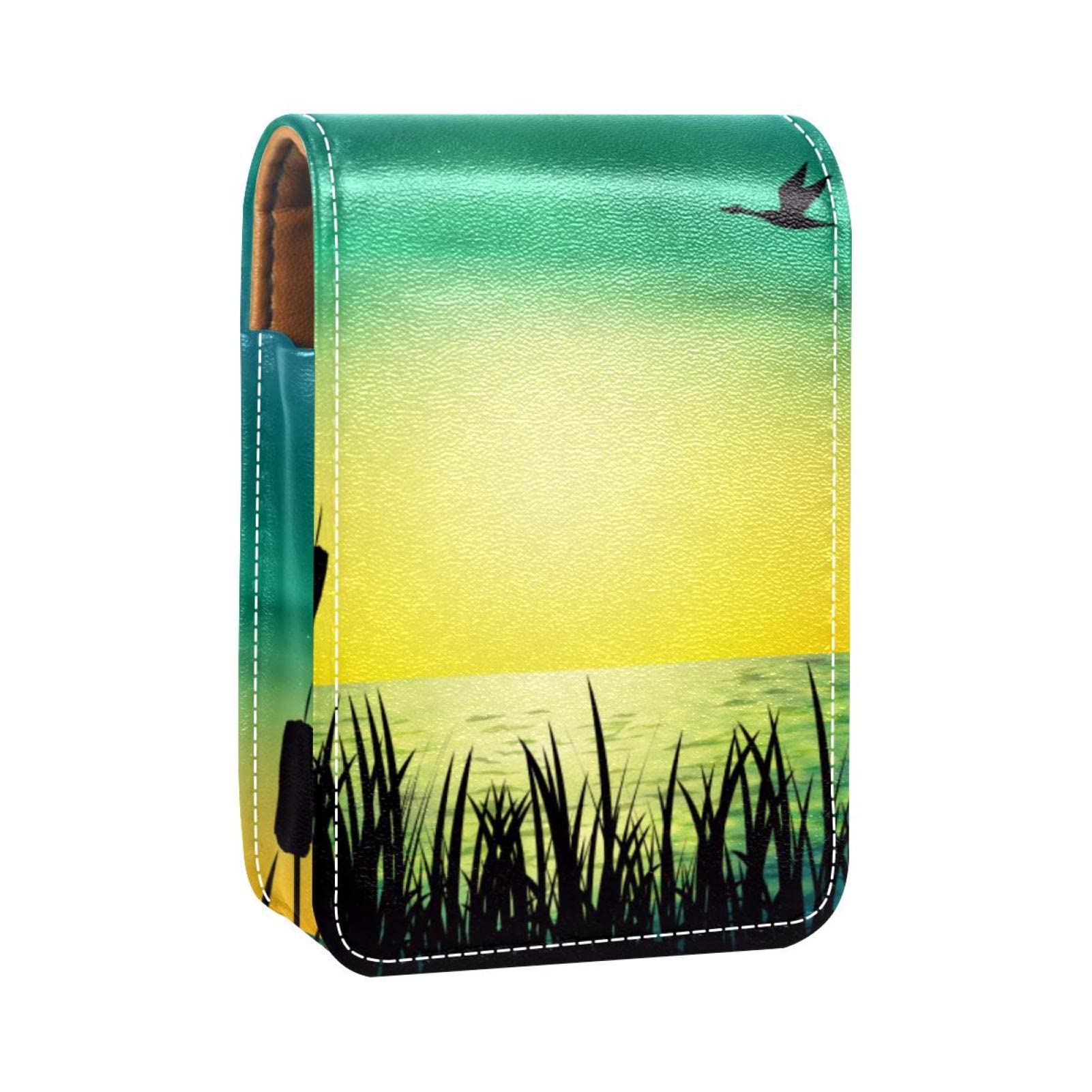 Personalized Lipstick Case - Portable Makeup Bag & Cosmetic Pouch Organizer - Dark Green Silhouette Geese & Cattails Sunset Design - Perfect for Travel, Home Storage & Gift Giving