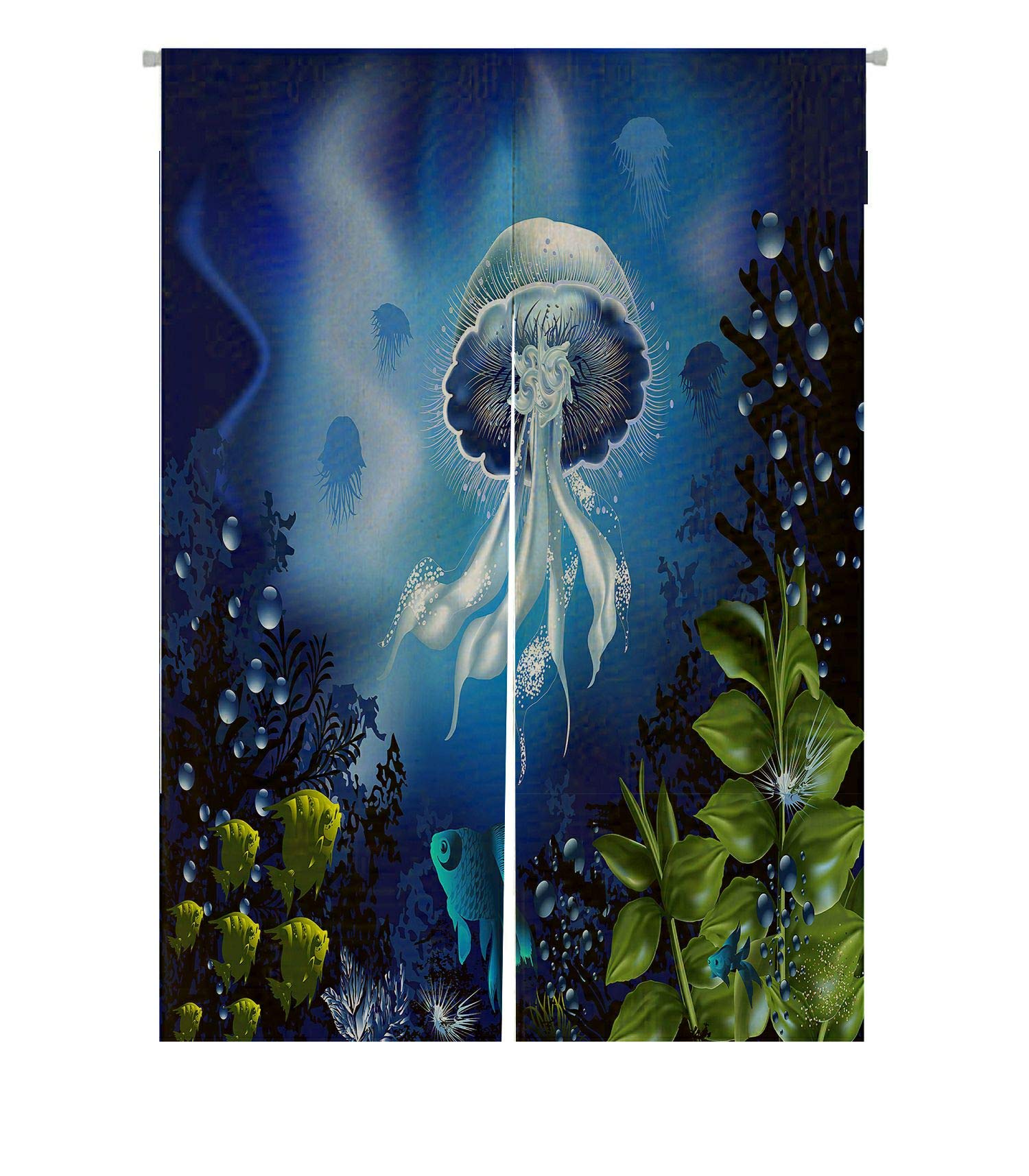 ABPHQTO Japanese Noren Curtain - Underwater World Fish Jellyfish Plants Design, Cotton Linen Doorway Window Treatment 85x120cm - Perfect for Bedroom, Living Room & Bathroom Decor