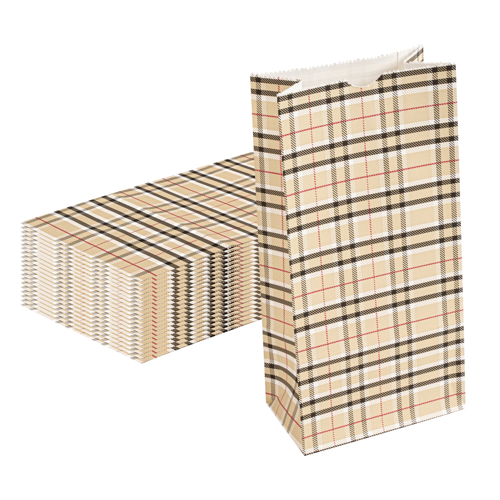 Premium Plaid Paper Bags 2 lb Capacity - 4.25 x 2.25 x 8.5 Inches - Pack of 100 | Eco-Friendly Gift Bags for Parties, Weddings & Retail Packaging