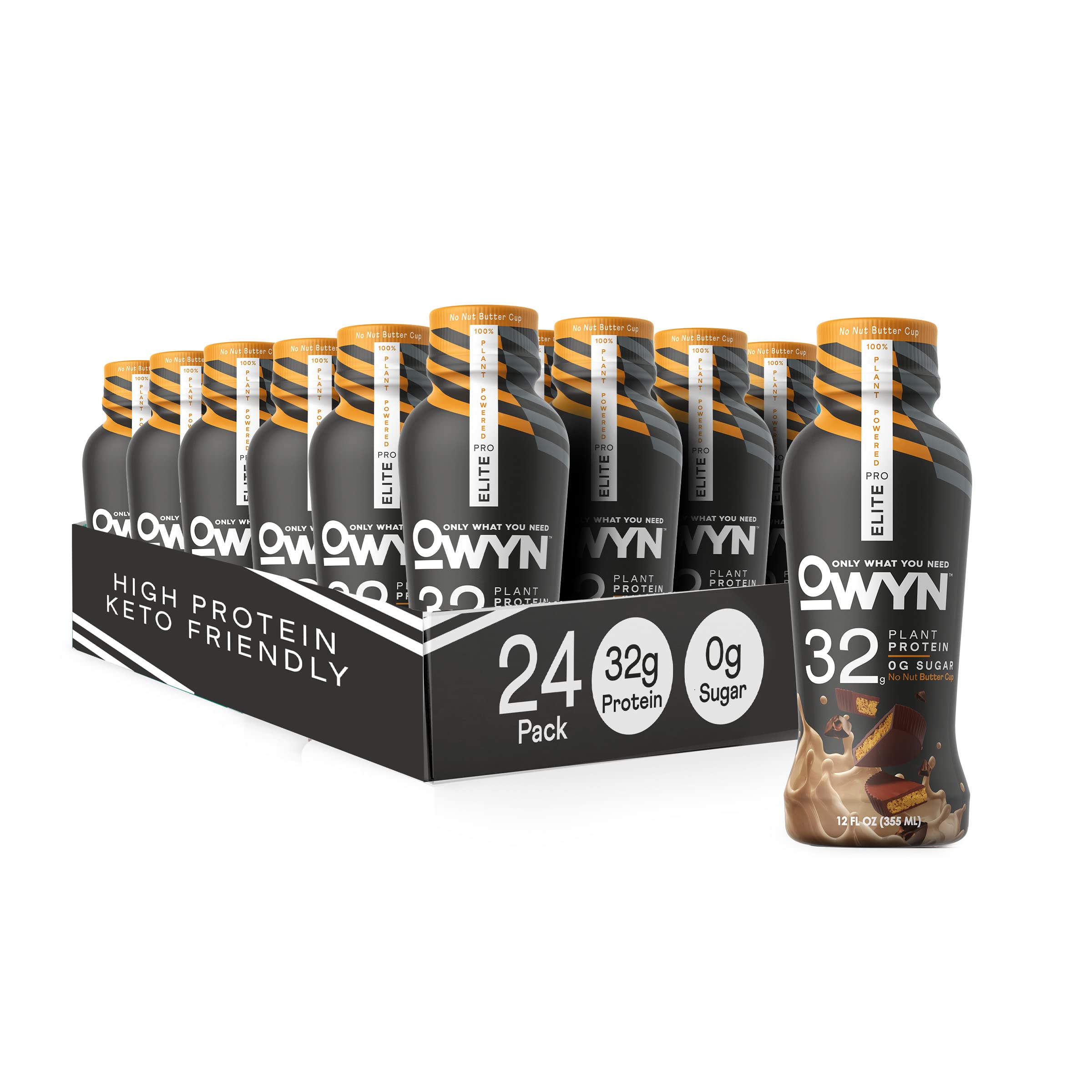 OWYN Pro Elite Vegan Plant-Based Protein Shake - 32g Protein, 9 Essential Amino Acids, Omega-3, Keto & Low Carb (0g Net Carbs, Zero Sugar) - Nut-Free, Dairy-Free for Workout Recovery & Muscle Growth - 24 Pack (No Nut Butter Cup Flavor) - Perfect for Post-Workout, Meal Replacement & Active Lifestyle