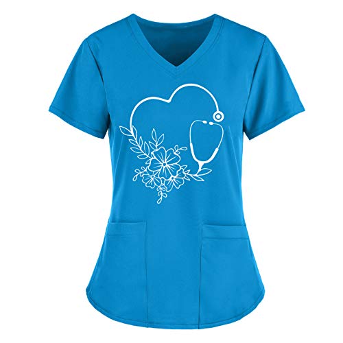 Women's Short Sleeve V-Neck Printed Scrub Tops - Comfortable Work Uniform Shirt for Nurses, Doctors & Medical Professionals - Perfect for Hospitals, Clinics & Healthcare Settings