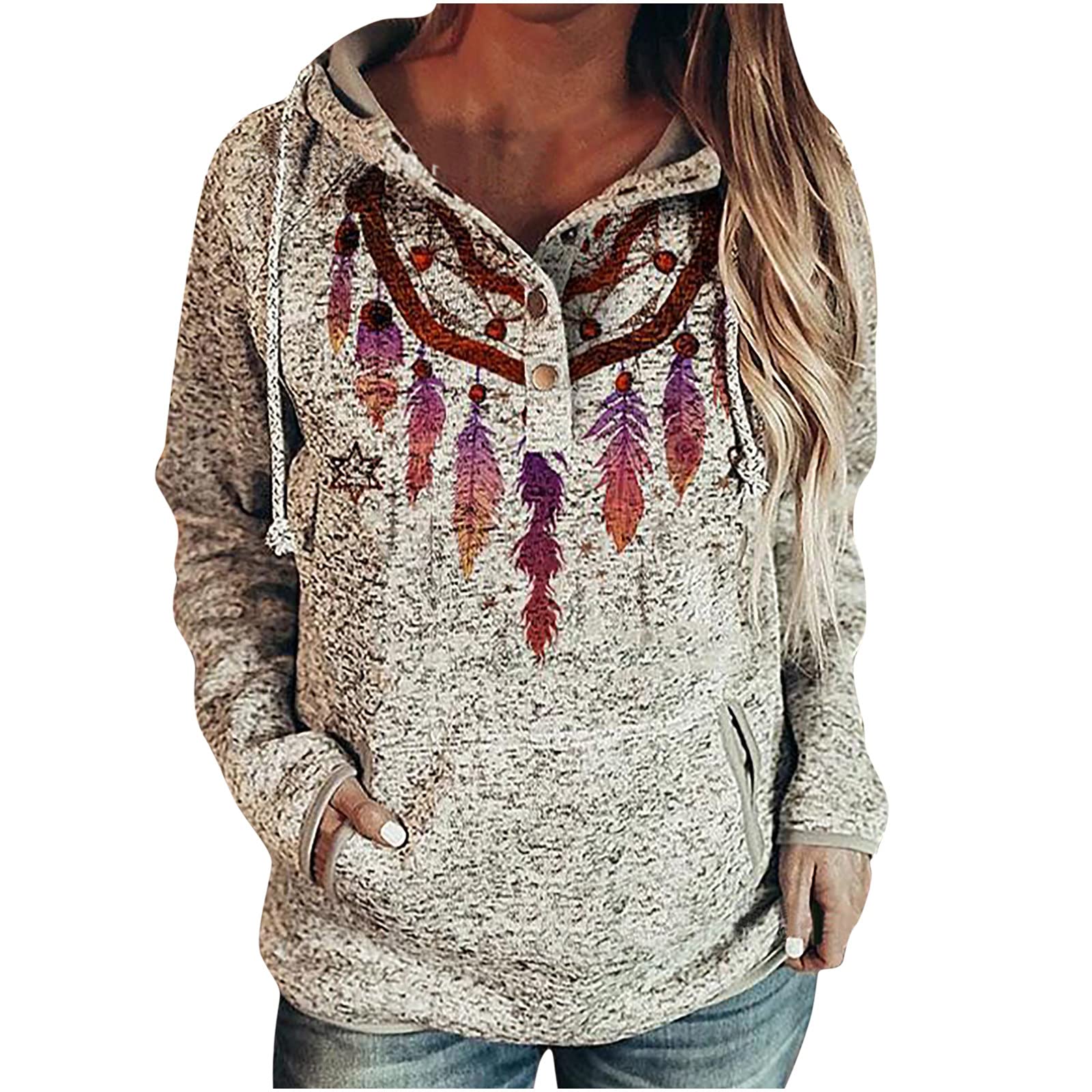 Women's Color Block Hooded Sweatshirt - Long Sleeve Snap Neck Pullover with Drawstring & Pocket - Boho Chic Grid Pattern Top for Casual Wear, Street Style & Fall Layering