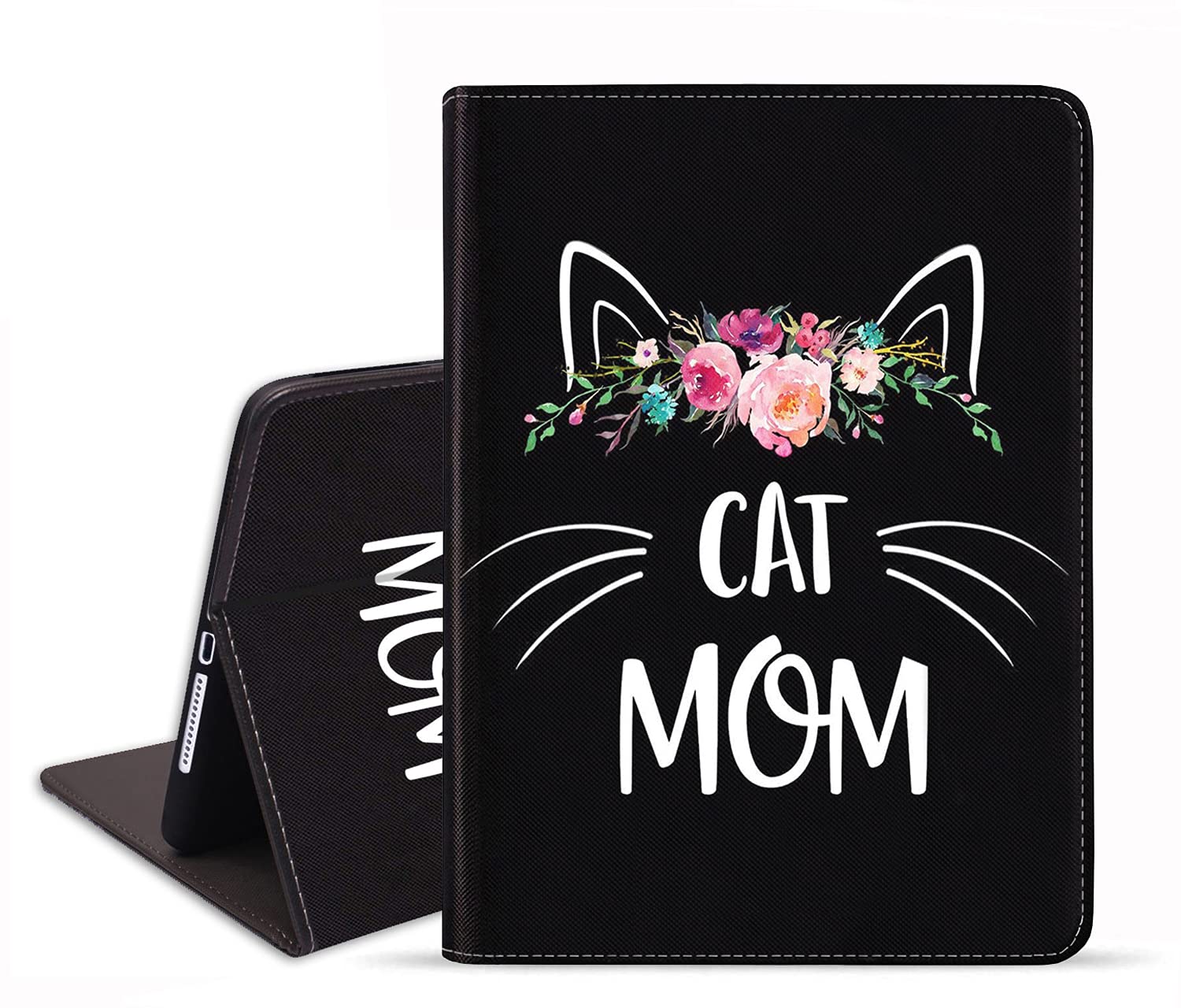 Premium Shockproof TPU Case with Auto Sleep/Wake for iPad 9.7 (2018/2017), iPad Air/Air 2, iPad 6th/5th Gen - Adjustable Folio Stand & Cat Mom Floral Design (Includes Bonus Coasters) | Perfect for Work, Travel & Home Use