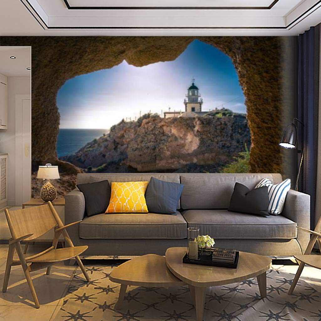 Self-Adhesive Removable Lighthouse Wall Mural - Santorini Akrotiri Cave Window View Peel & Stick Wallpaper for Living Room, Bedroom, Office Decor | Easy DIY Home Craft Decal & Wall Sticker