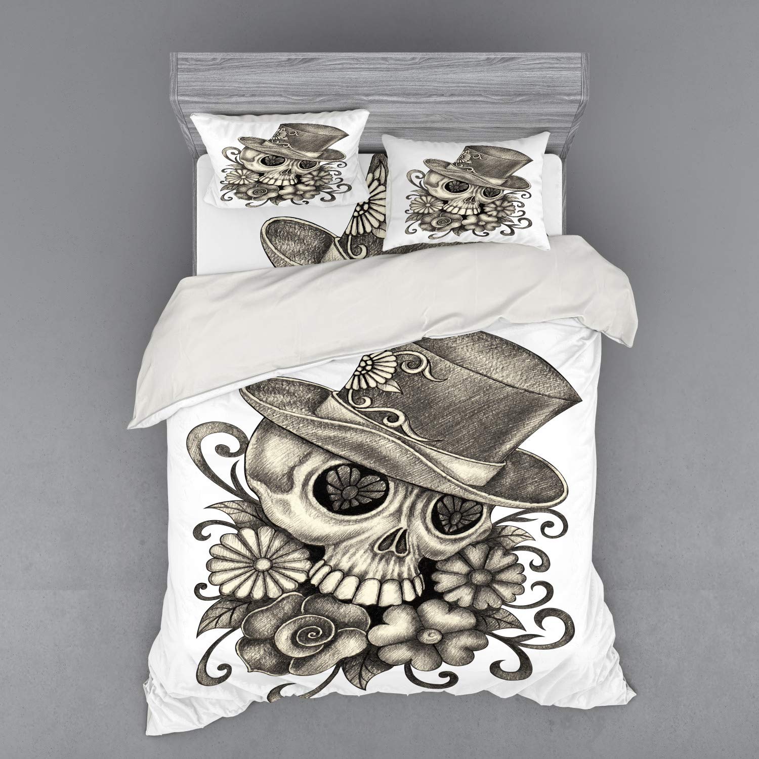 Ambesonne Day of The Dead Duvet Cover Set - Mexican Sugar Skull Floral Print 4-Piece Bedding Set with Pillow Shams & Fitted Sheet, Queen Size, Grey & White - Perfect for Halloween, Dia de Muertos Decor & Bohemian Bedroom Theme