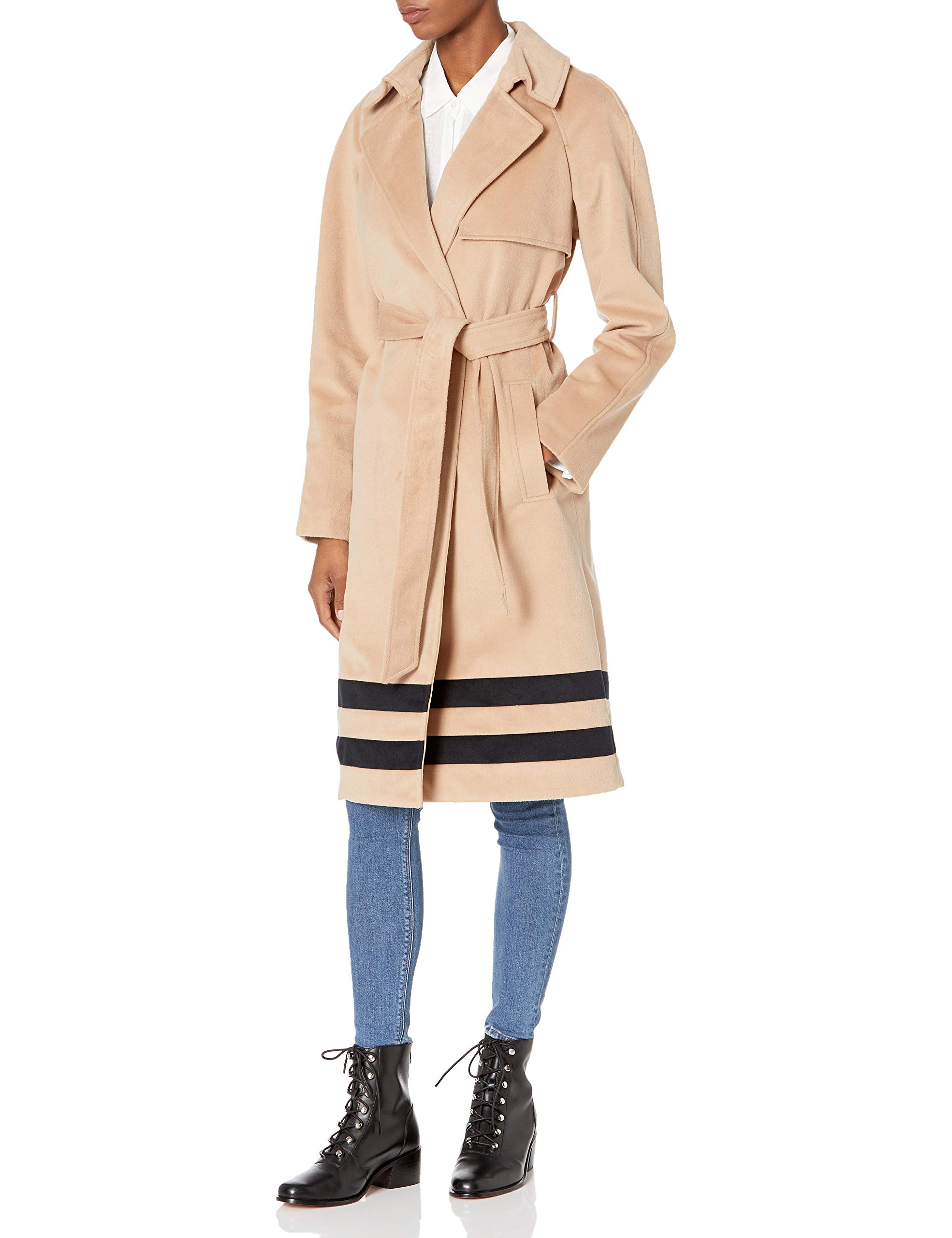 Rachel Roy Women's Border Design Belted Wrap Trench Coat | Waterproof Long Coat with Adjustable Waist | Perfect for Office, Travel & Fall Outerwear