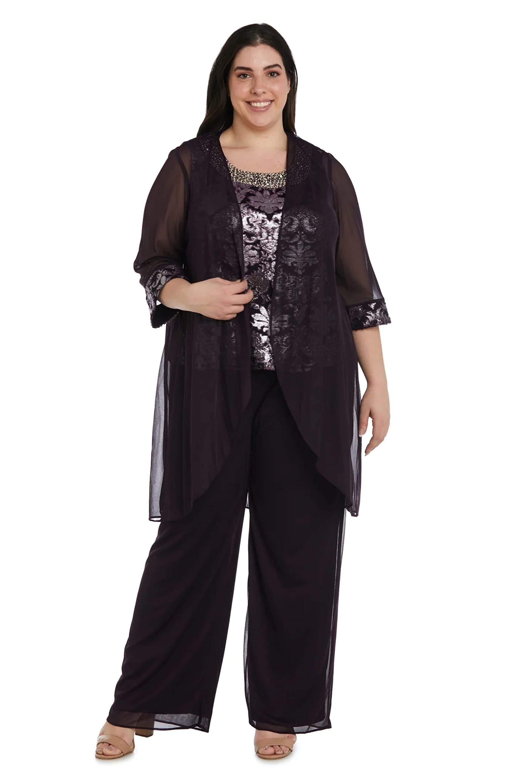 R&M Richards Women's Plus-Size 3-Piece Beaded Neck Duster Pant Suit Outfit for Special Occasions & Evening Events | Formal Wear for Weddings, Parties & Holiday Gatherings