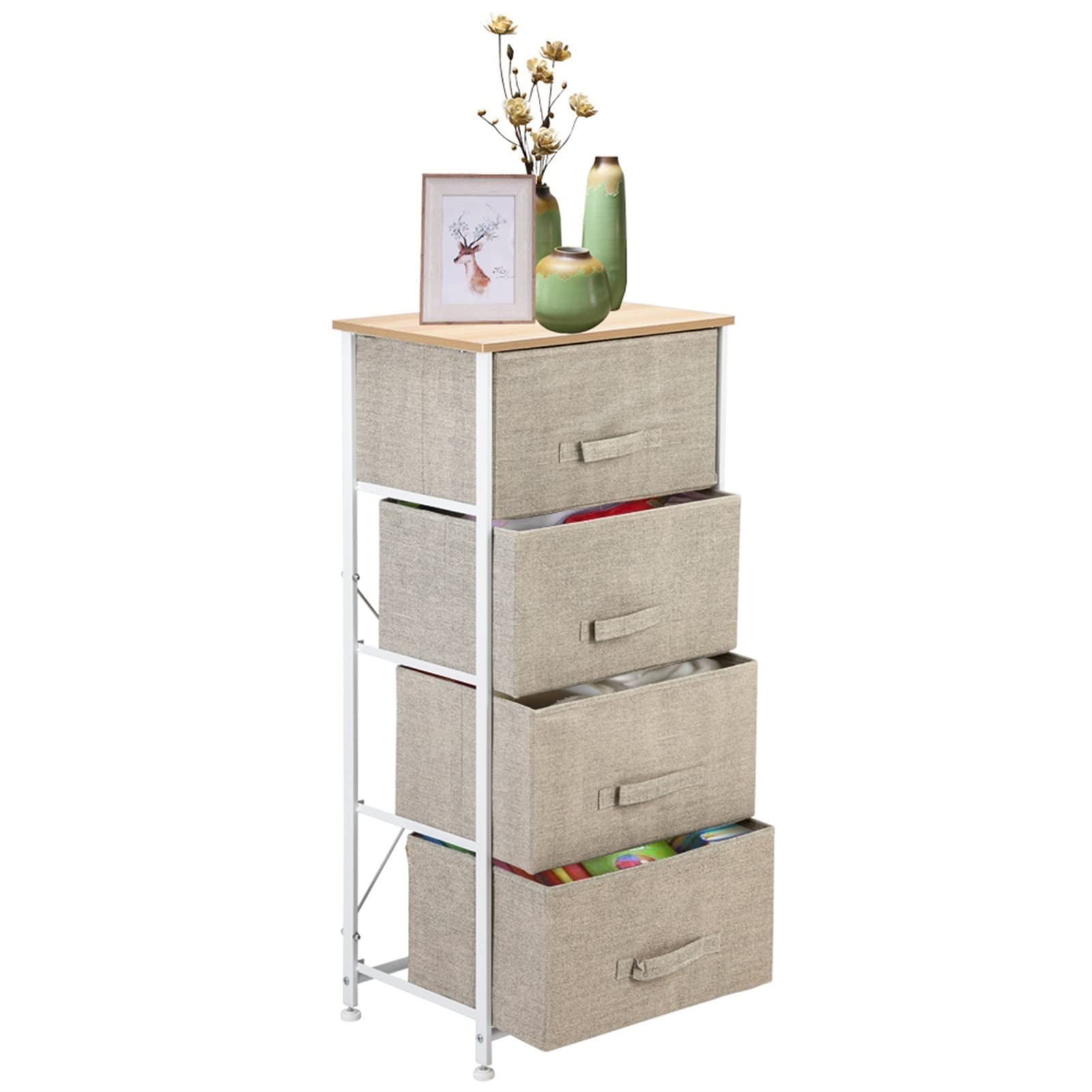 4-Tier Fabric Dresser Organizer with Metal Frame & Wooden Top for Bedroom & Closet Storage
