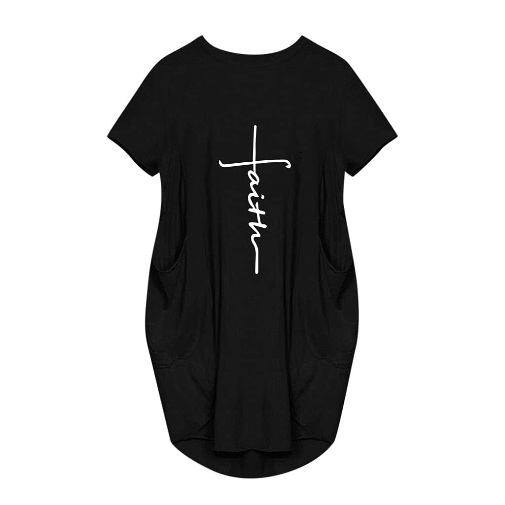 Women's Oversized Faith Graphic T-Shirt Dress - Casual Short Sleeve Midi Dress with Pocket | Perfect for Summer Outfits, Beach Cover Up & Lounge Wear