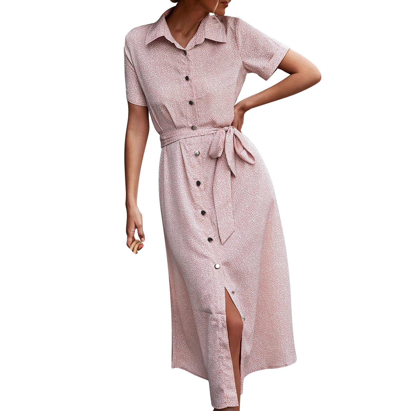 Women's Black Swing Dress - Short Sleeve Button Down Shirt Dress with V-Neck & Belt | Casual Loose Flowy Fit for Work, Date Night & Summer Outings