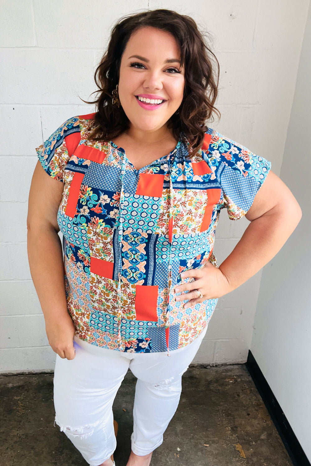 Boho Patchwork Raglan Top - Blue & Orange Vintage Style Women's T-Shirt for Casual Wear, Music Festivals & Beach Outfits