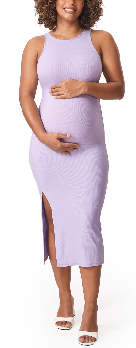 Momanda Women's Maternity Dress - Ribbed Sleeveless Bodycon Dress with Crew Neck for Pregnancy, Nursing & Baby Shower | Comfortable Stretchy Casual Outfit for Expecting Mothers