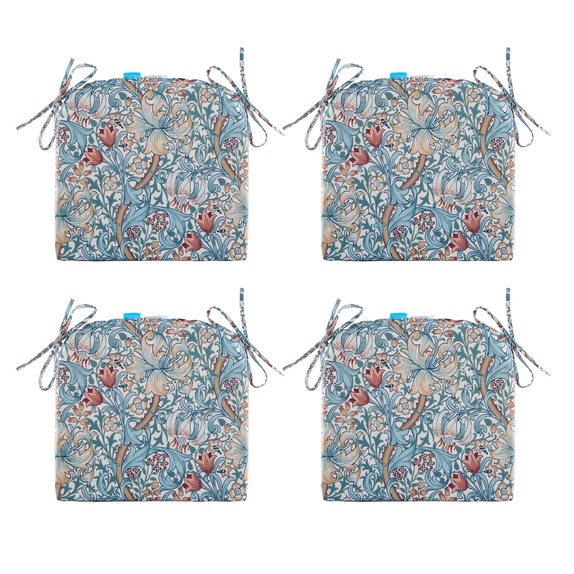 ARTPLAN 4-Piece Round Corner Patio Seat Cushions Set with Ties - 17x16x2 Inch Blue Floral Outdoor Chair Pads for Garden, Deck, Poolside & Patio Furniture - Water Resistant & Comfortable