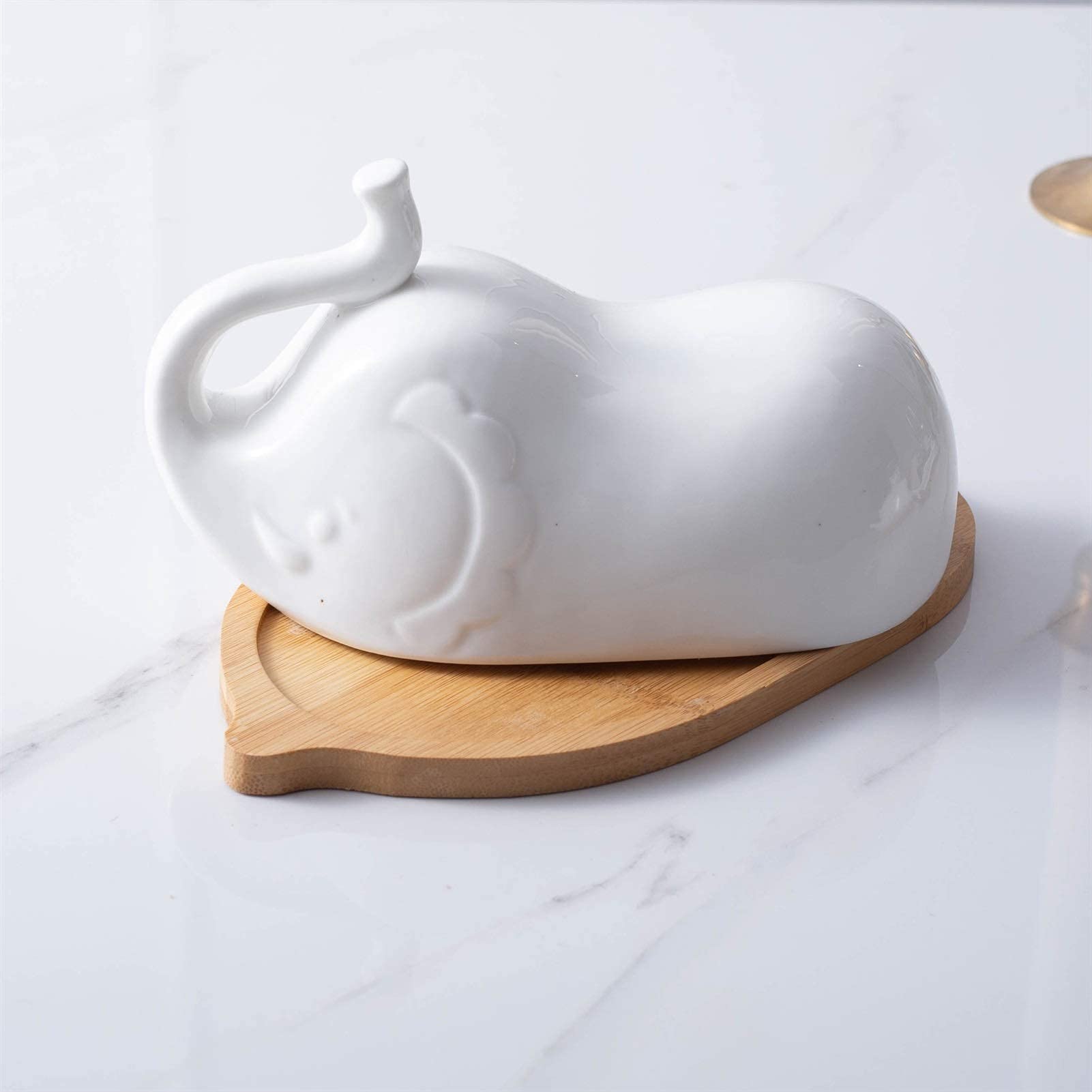 White Elephant Ceramic Butter Dish with Lid - Non-Slip Bamboo Base, Cheese & Fruit Serving Tray - Perfect for Kitchen Counter Storage & Elegant Dining Table Presentation