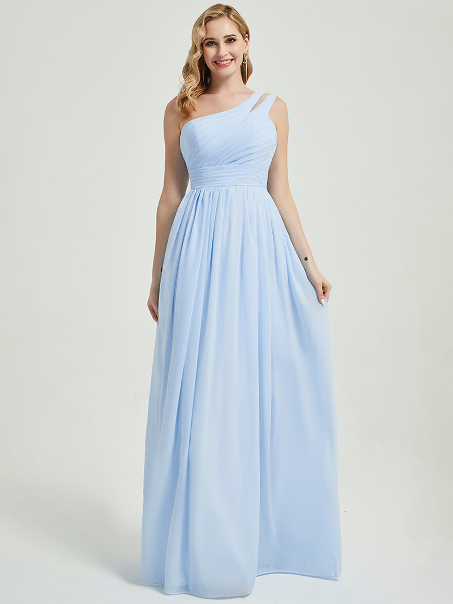 Elegant Cornflower Blue One Shoulder Floor Length Chiffon Bridesmaid Dress for Weddings & Formal Events - Perfect for Bridal Party & Evening Occasions