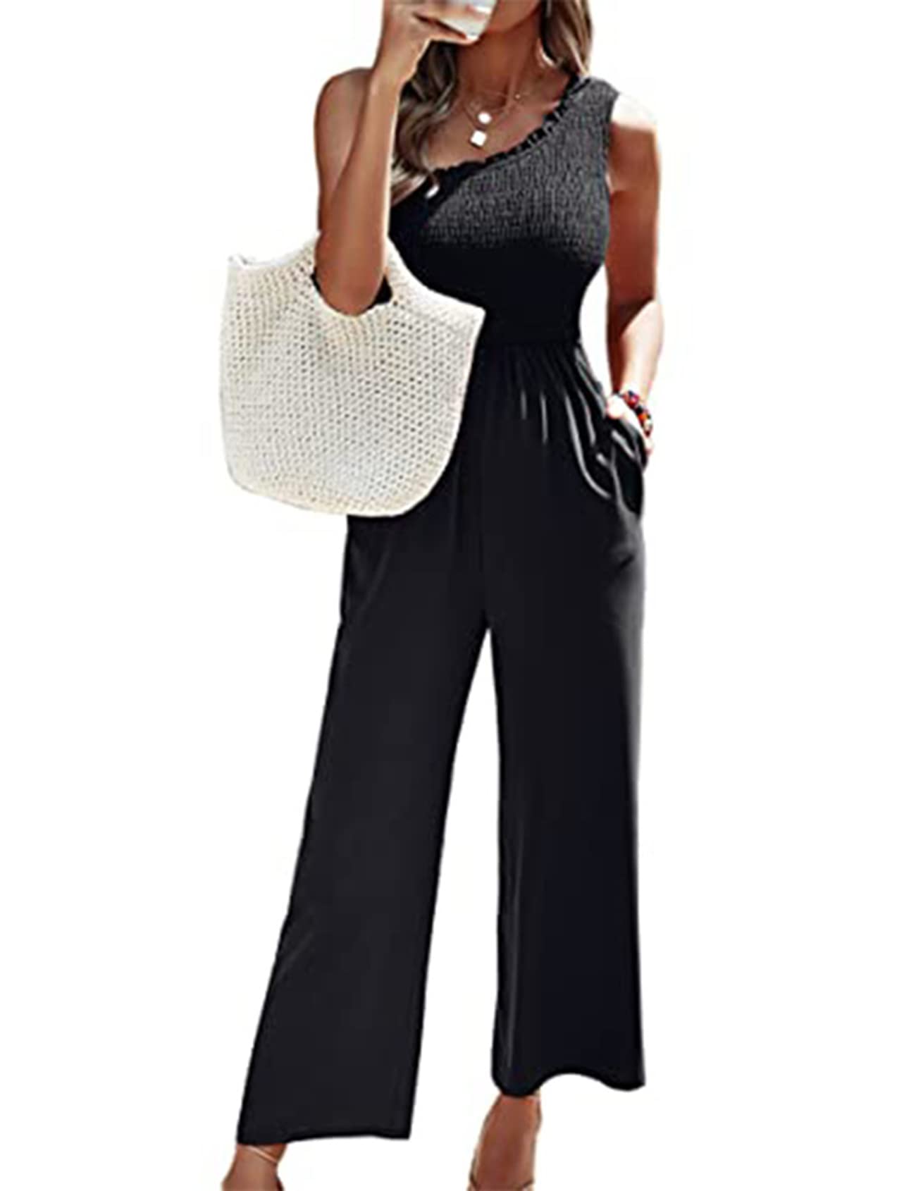 Kissonic Women's One Shoulder Smocked Jumpsuit - High Waist Wide Leg Romper with Pockets | Summer Beach Wear, Party Outfit, Casual Fashion