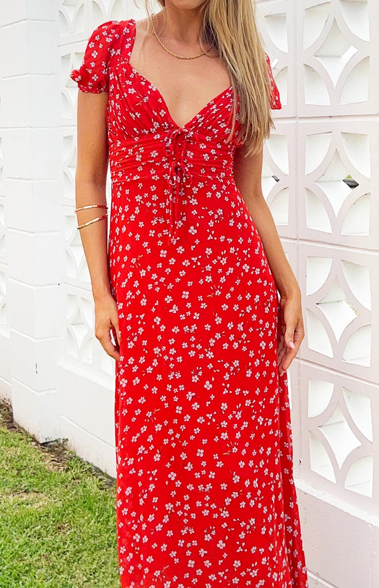Ayla Red Floral Short Sleeve Maxi Dress for Women - Summer Boho Beach Dress with Pockets, Perfect for Vacation, Date Night & Outdoor Parties