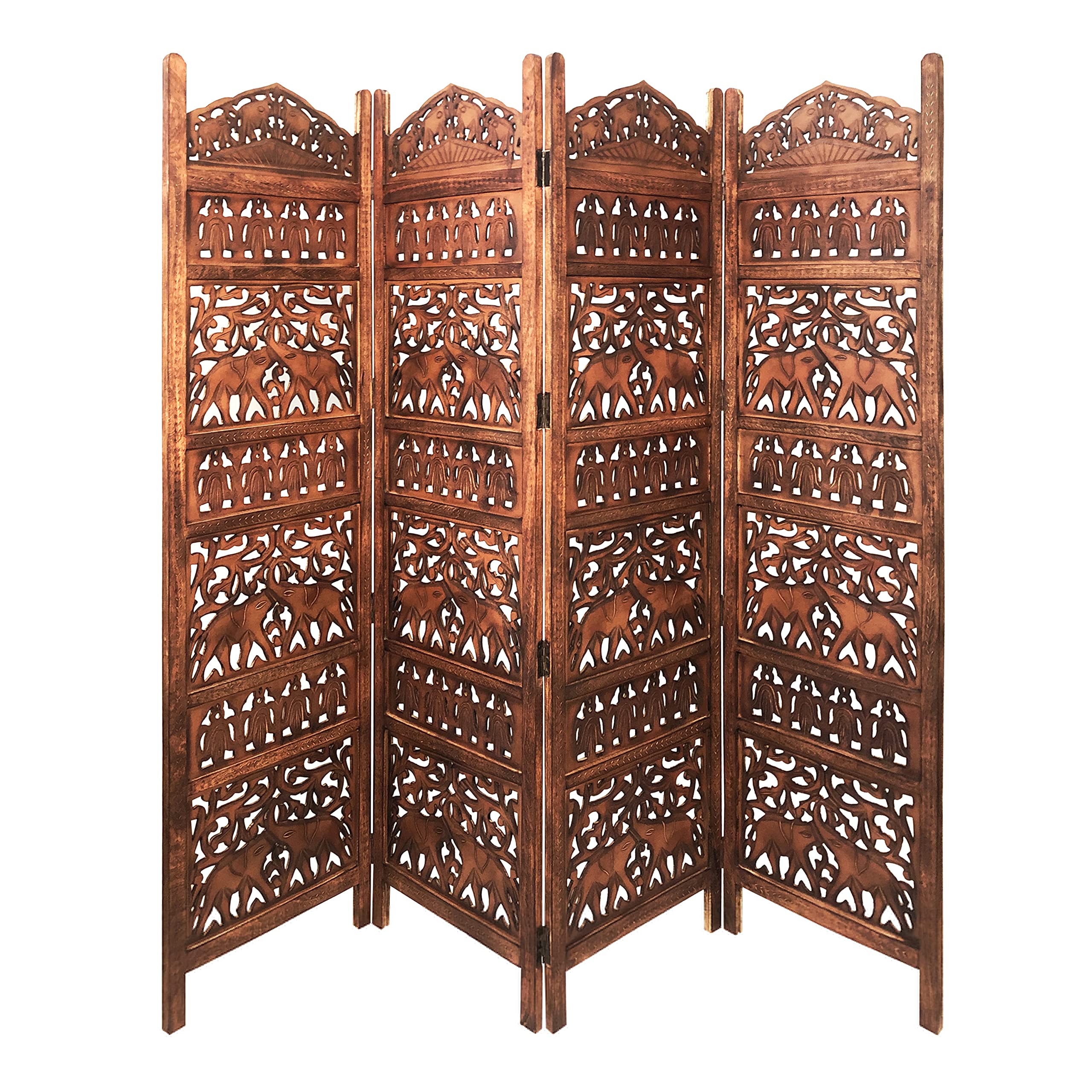 Handcrafted Wooden 4-Panel Room Divider Screen with Intricate Cutout Designs - Traditional Asian Inspired Privacy Partition for Home, Office & Meditation Spaces