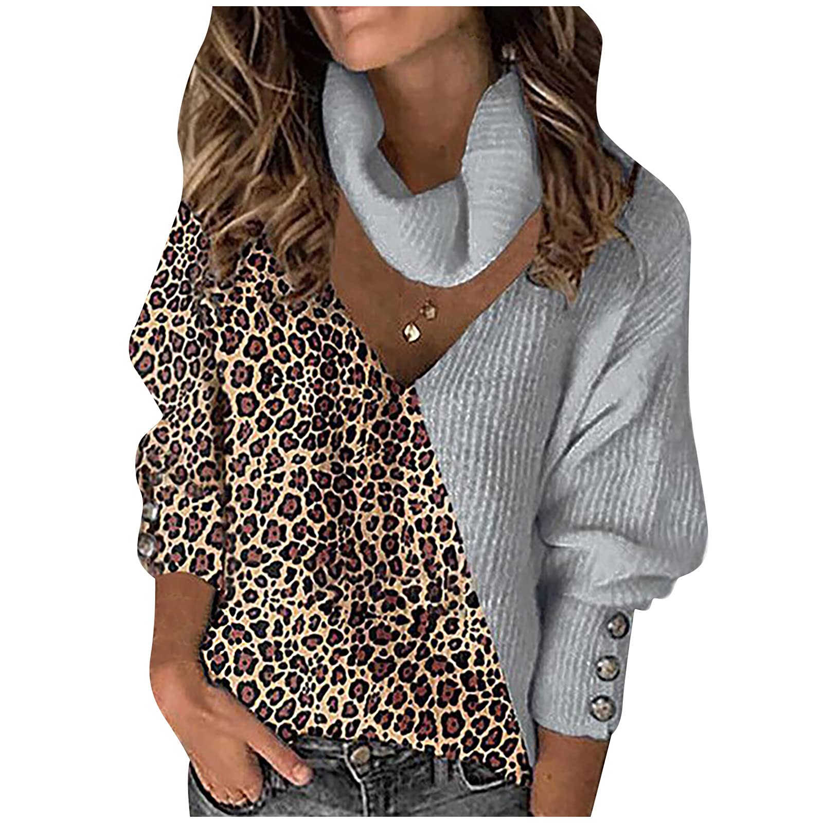 Women's Leopard Print Patchwork Knitted Turtleneck Sweater - Long Sleeve V-Neck Pullover with Button Detail | Cozy Winter Fashion for Office, Date Night & Casual Outings