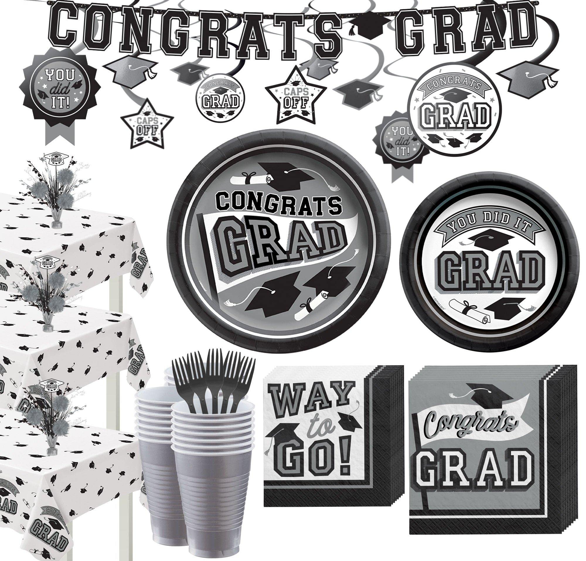 2022 Graduation Party Decorations & Supplies - Super Congrats Grad Silver Set for 54 Guests with Tableware | Perfect for High School & College Graduation Celebrations, Commencement Parties & Open House Events