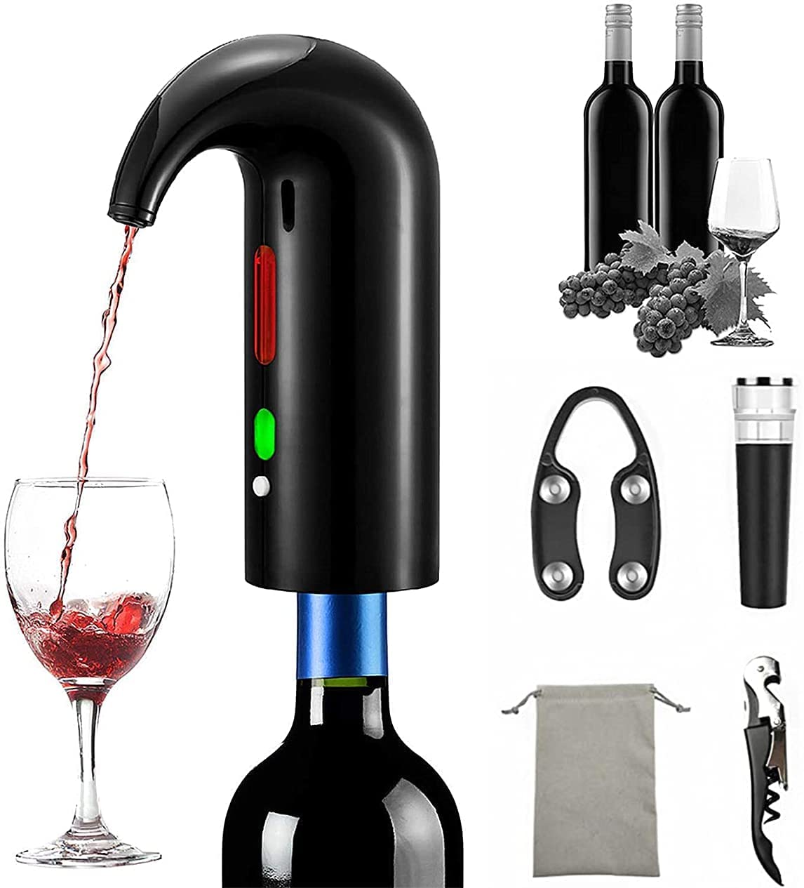 Electric Wine Aerator Pourer - USB Rechargeable Smart Wine Decanter for Red & White Wine | One-Touch Automatic Wine Dispenser Pump with Oxidation Technology | Perfect for Home Bars, Dinner Parties & Wine Tasting Events (Black)