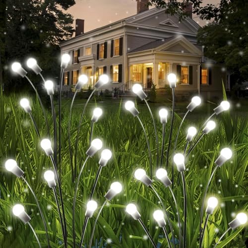 OZS 12-Pack 96LED Solar Garden Lights - Waterproof Solar Firefly & Swaying Fairy Lights for Outdoor Pathway, Yard, and Patio Decoration (Cool White) | Wind-Activated Dancing Lights for Garden, Lawn, and Landscape Lighting