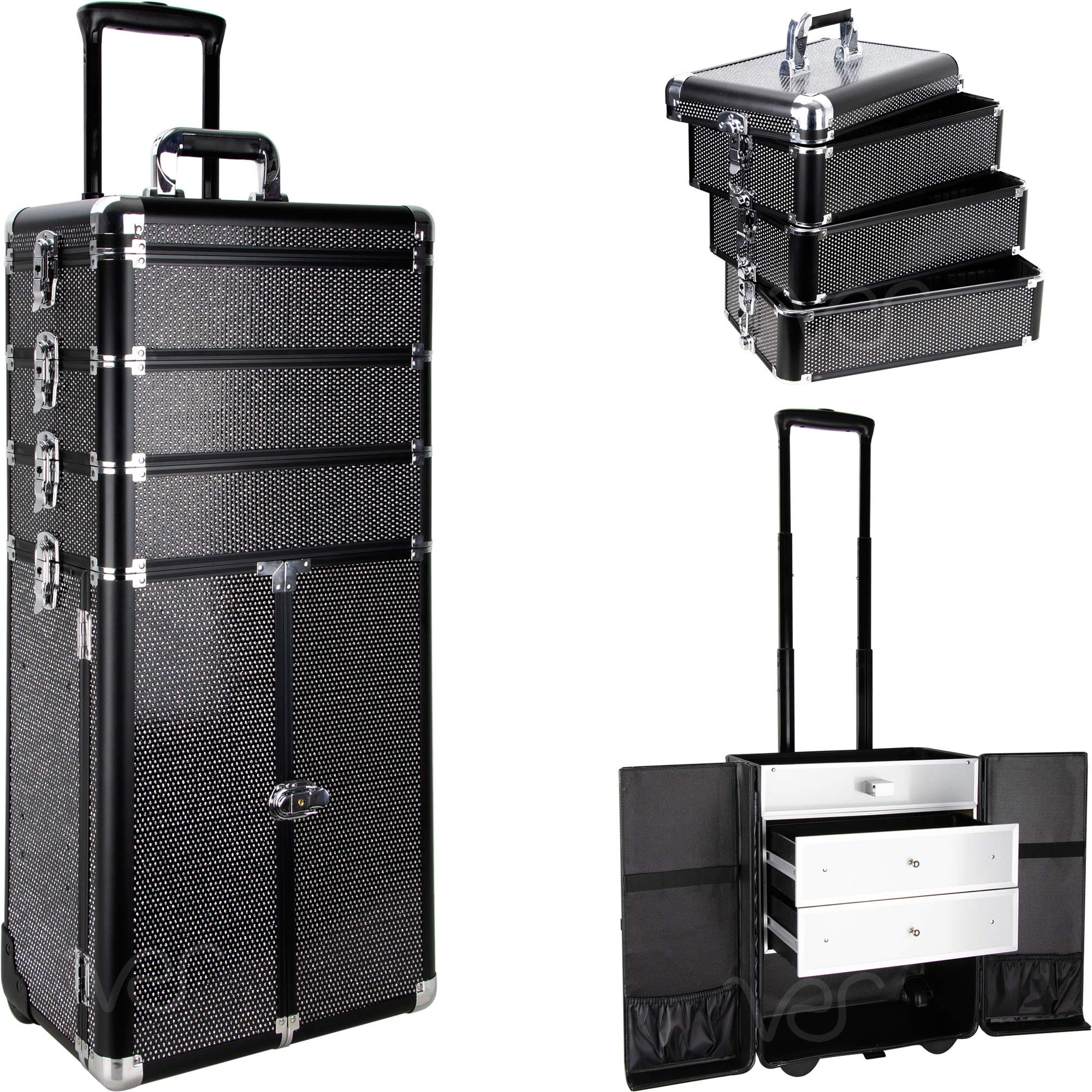 Ver Beauty 5-in-1 Professional Rolling Makeup Train Case - Large Aluminum Cosmetic Organizer with Dividers, Drawers & Mirror - Perfect for Makeup Artists, Salon Professionals & Travel (Black Krystal VT007-42) - Ideal for Professional Makeup Storage, Mobile Beauty Services & Cosmetic Organization