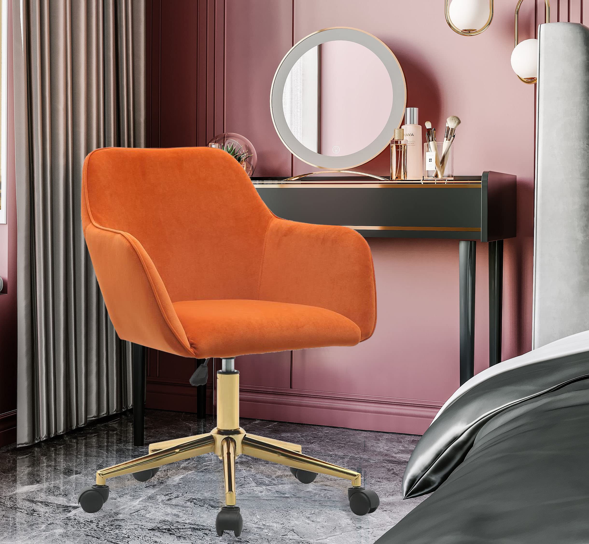 Yoluckea Modern Velvet Home Office Chair - Adjustable Swivel Desk Chair for Living Room & Bedroom, Ergonomic Upholstered Task Chair for Women & Teen Girls, Accent Chair for Vanity or Executive Office (Orange) - Perfect for Home Office, Gaming Setup & Study Room Decor