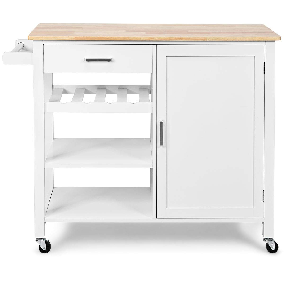 LHONE Kitchen Island Rolling Utility Cart with Drawer, Handle & Wheels - Wooden Bar Serving Cart with Storage Cabinet & Wine Bottle Rack (White) - Perfect for Kitchen Organization, Dining Room Serving, and Mobile Storage Solutions