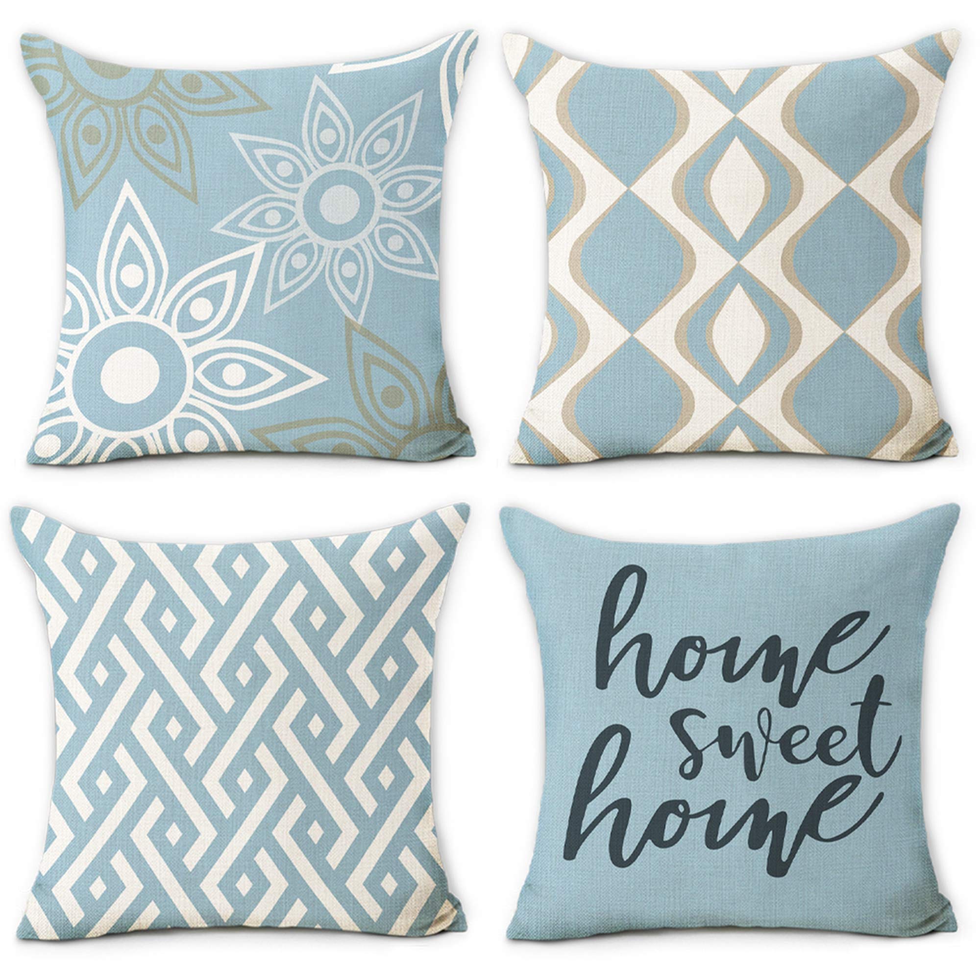 Hexagon Blue Linen Pillow Covers Set of 4 - 16x16 Inch Geometric Farmhouse Throw Pillowcases for Sofa, Couch & Outdoor Patio - Summer Home Decor Accent for Living Room, Bedroom and Porch