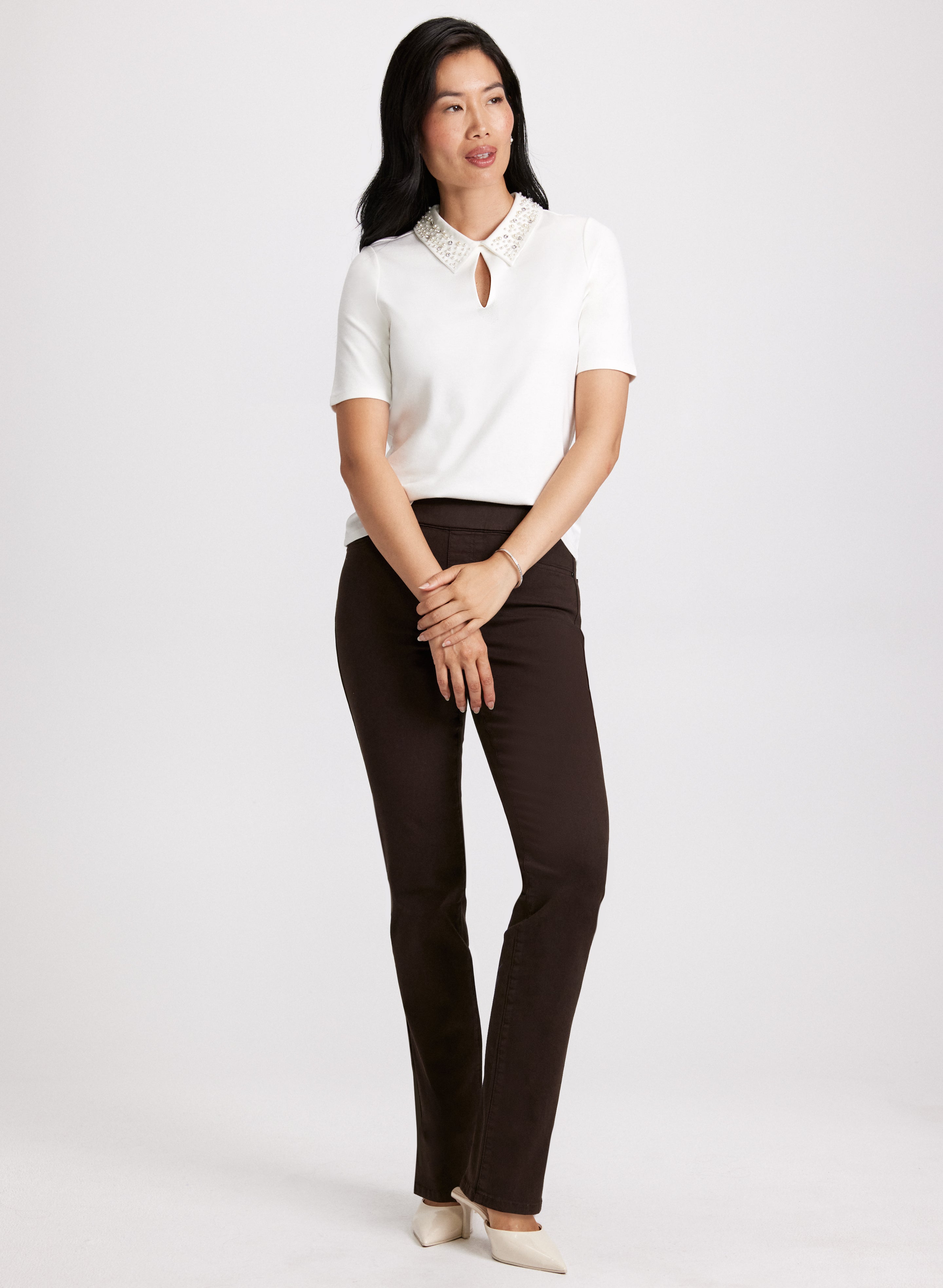 Embellished Collar Blouse & High Waist Straight Leg Jeans for Women - Office Wear & Casual Outfit